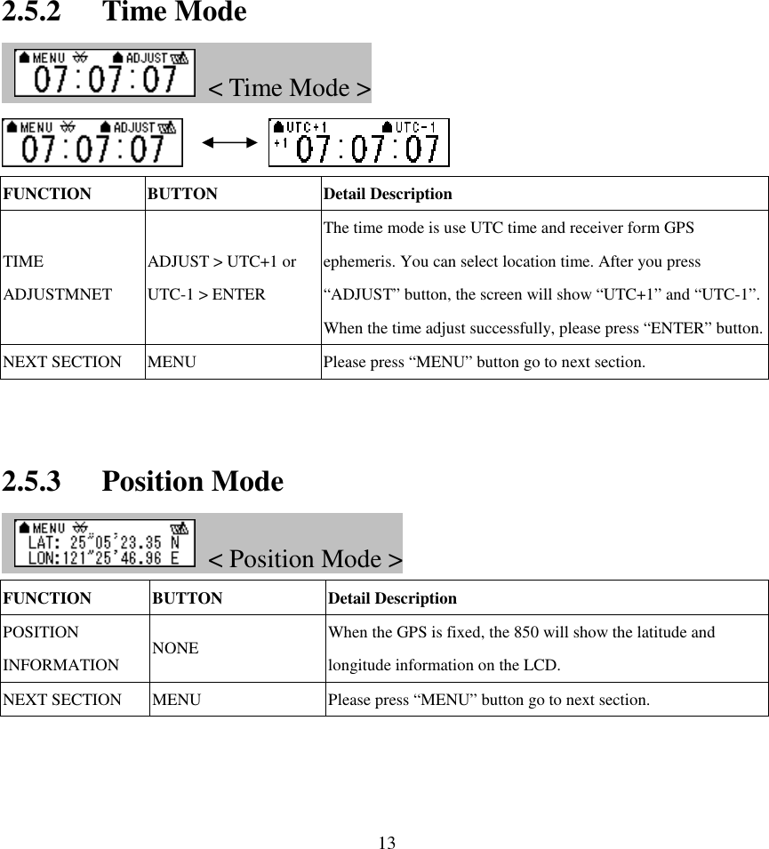  132.5.2 Time Mode     &lt; Time Mode &gt;      FUNCTION  BUTTON  Detail Description TIME ADJUSTMNET ADJUST &gt; UTC+1 or UTC-1 &gt; ENTER The time mode is use UTC time and receiver form GPS ephemeris. You can select location time. After you press “ADJUST” button, the screen will show “UTC+1” and “UTC-1”. When the time adjust successfully, please press “ENTER” button. NEXT SECTION  MENU  Please press “MENU” button go to next section.  2.5.3 Position Mode     &lt; Position Mode &gt; FUNCTION  BUTTON  Detail Description POSITION INFORMATION  NONE  When the GPS is fixed, the 850 will show the latitude and longitude information on the LCD. NEXT SECTION  MENU  Please press “MENU” button go to next section.   