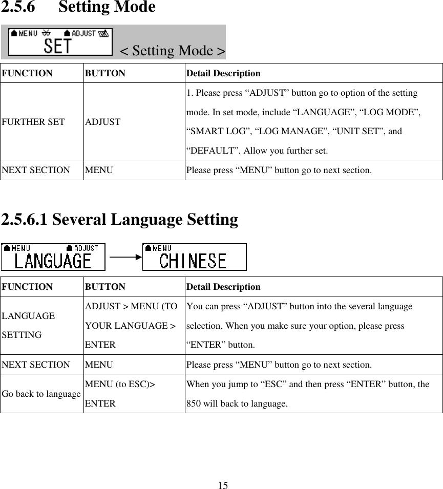  152.5.6 Setting Mode     &lt; Setting Mode &gt; FUNCTION  BUTTON  Detail Description FURTHER SET  ADJUST 1. Please press “ADJUST” button go to option of the setting mode. In set mode, include “LANGUAGE”, “LOG MODE”, “SMART LOG”, “LOG MANAGE”, “UNIT SET”, and “DEFAULT”. Allow you further set. NEXT SECTION  MENU  Please press “MENU” button go to next section.  2.5.6.1 Several Language Setting            FUNCTION  BUTTON  Detail Description LANGUAGE SETTING ADJUST &gt; MENU (TO YOUR LANGUAGE &gt; ENTER You can press “ADJUST” button into the several language selection. When you make sure your option, please press “ENTER” button. NEXT SECTION  MENU  Please press “MENU” button go to next section. Go back to language MENU (to ESC)&gt; ENTER   When you jump to “ESC” and then press “ENTER” button, the 850 will back to language.   