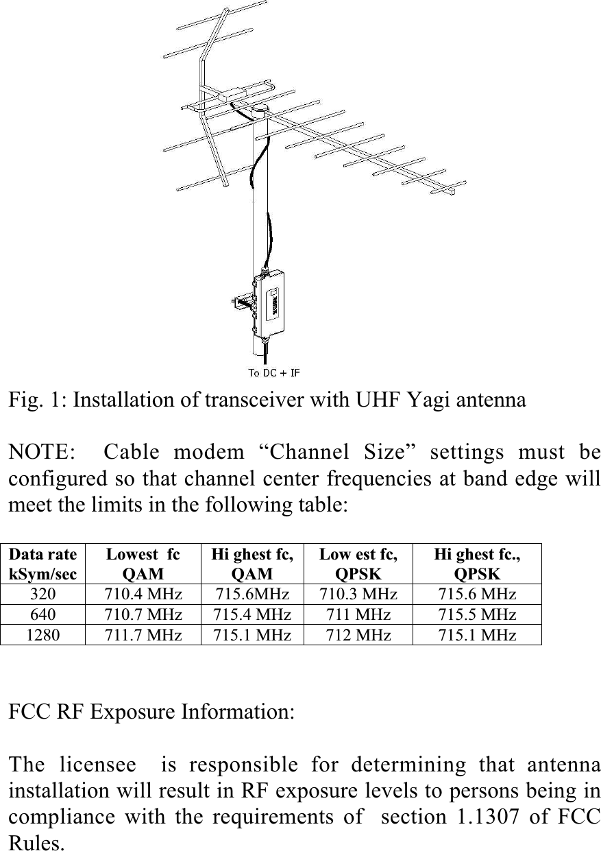 Fig. 1: Installation of transceiver with UHF Yagi antennaNOTE:  Cable modem “Channel Size” settings must beconfigured so that channel center frequencies at band edge willmeet the limits in the following table:Data ratekSym/secLowest  fcQAMHi ghest fc,QAMLow est fc,QPSKHi ghest fc.,QPSK320 710.4 MHz 715.6MHz 710.3 MHz 715.6 MHz640 710.7 MHz 715.4 MHz 711 MHz 715.5 MHz1280 711.7 MHz 715.1 MHz 712 MHz 715.1 MHzFCC RF Exposure Information:The  licensee  is responsible for determining that antennainstallation will result in RF exposure levels to persons being incompliance with the requirements of  section 1.1307 of FCCRules.
