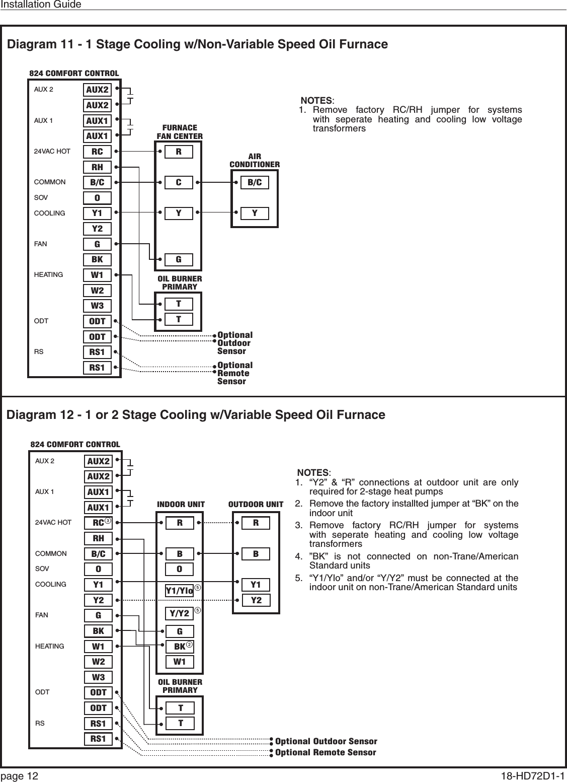 Installation Guidepage 12  18-HD72D1-1 Diagram 12 - 1 or 2 Stage Cooling w/Variable Speed Oil FurnaceDiagram 11 - 1 Stage Cooling w/Non-Variable Speed Oil FurnaceAUX 2AUX 124VAC HOTCOMMONSOVCOOLINGFA NHEATINGODTRSAUX2AUX2AUX1AUX1RCRHB/COY1 YY2GBKW1W2W3ODTODTRS1RS1RCGTTB/CYOptionalOutdoorSensorOptionalRemoteSensorNOTES:1. Remove factory RC/RH jumper for systems with seperate heating and cooling low voltage transformers824 COMFORT CONTROL11- 1 Stage Cooling w/Non-Variable Speed Oil FurnaceFURNACEFAN CENTEROIL BURNERPRIMARYAIRCONDITIONERTTAUX 2AUX 124VAC HOTCOMMONSOVCOOLINGFA NHEATINGODTRSAUX2AUX2AUX1AUX1RCRHB/CO OY1Y2Y2GBKW1W2W3ODTODTRS1RS1R RBBKGW1BY1Y1/YloY/Y2Optional Outdoor SensorOptional Remote SensorOIL BURNERPRIMARYNOTES:1.  “Y2” &amp; “R” connections at outdoor unit are only required for 2-stage heat pumps2.  Remove the factory installted jumper at “BK” on the indoor unit3. Remove factory RC/RH jumper for systems with seperate heating and cooling low voltage transformers4. ”BK” is not connected on non-Trane/American Standard units5.  “Y1/Ylo” and/or “Y/Y2” must be connected at the indoor unit on non-Trane/American Standard units824 COMFORT CONTROL12- 1 or 2 Stage Cooling w/Variable Speed Oil FurnaceINDOOR UNIT OUTDOOR UNIT3552