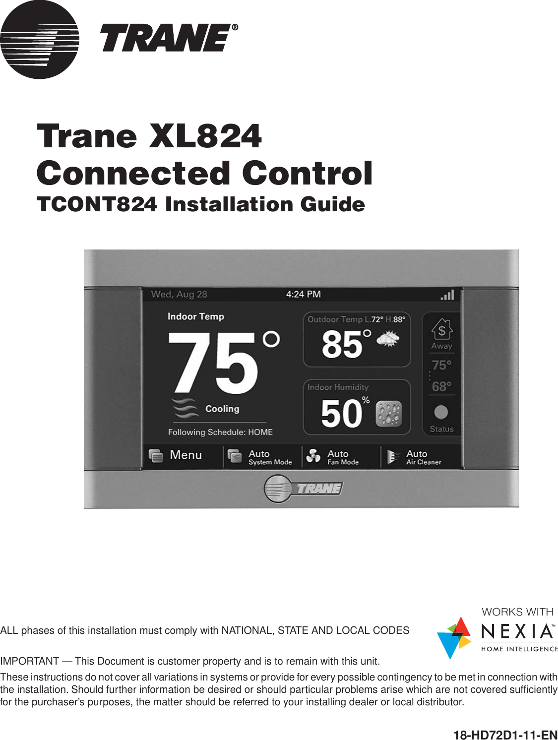 Page 1 of Trane US CONT8243 Color Touchscreen Wi-Fi User Manual 