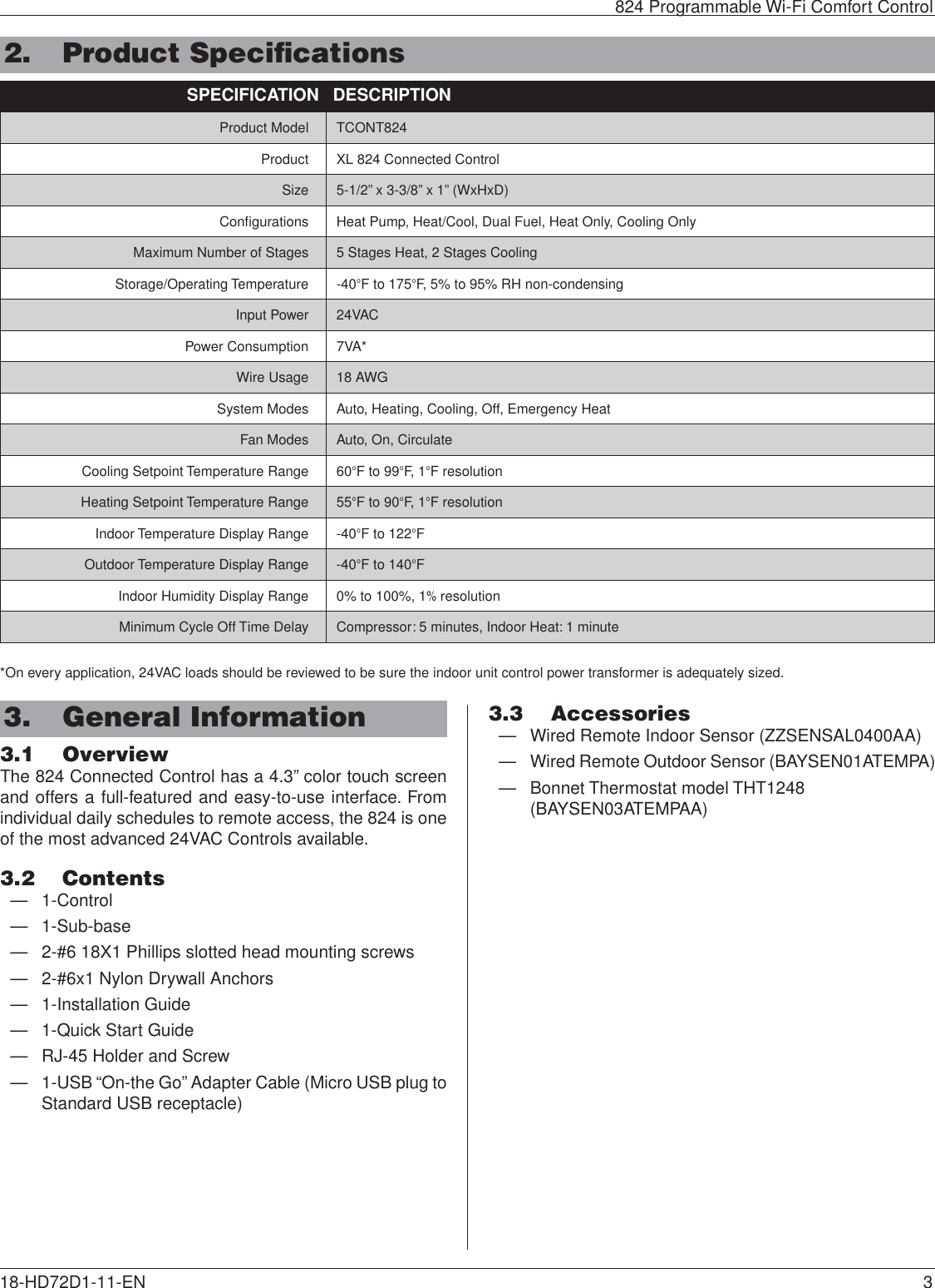 Page 3 of Trane US CONT8243 Color Touchscreen Wi-Fi User Manual 