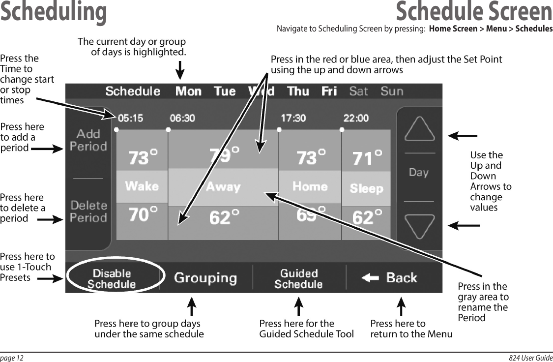 page 12  824 User GuideScheduling Schedule ScreenNavigate to Scheduling Screen by pressing:  Home Screen &gt; Menu &gt; Schedules