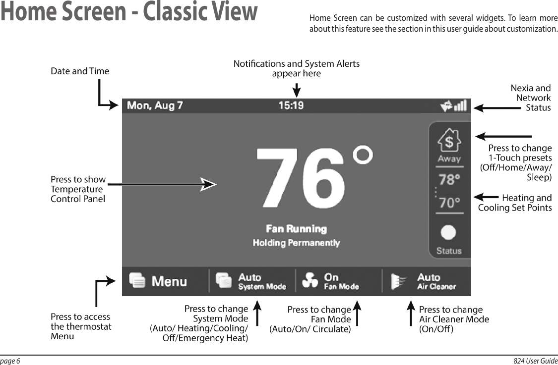 page 6  824 User GuideHome Screen - Classic ViewHome Screen can be customized with several widgets. To learn more about this feature see the section in this user guide about customization.