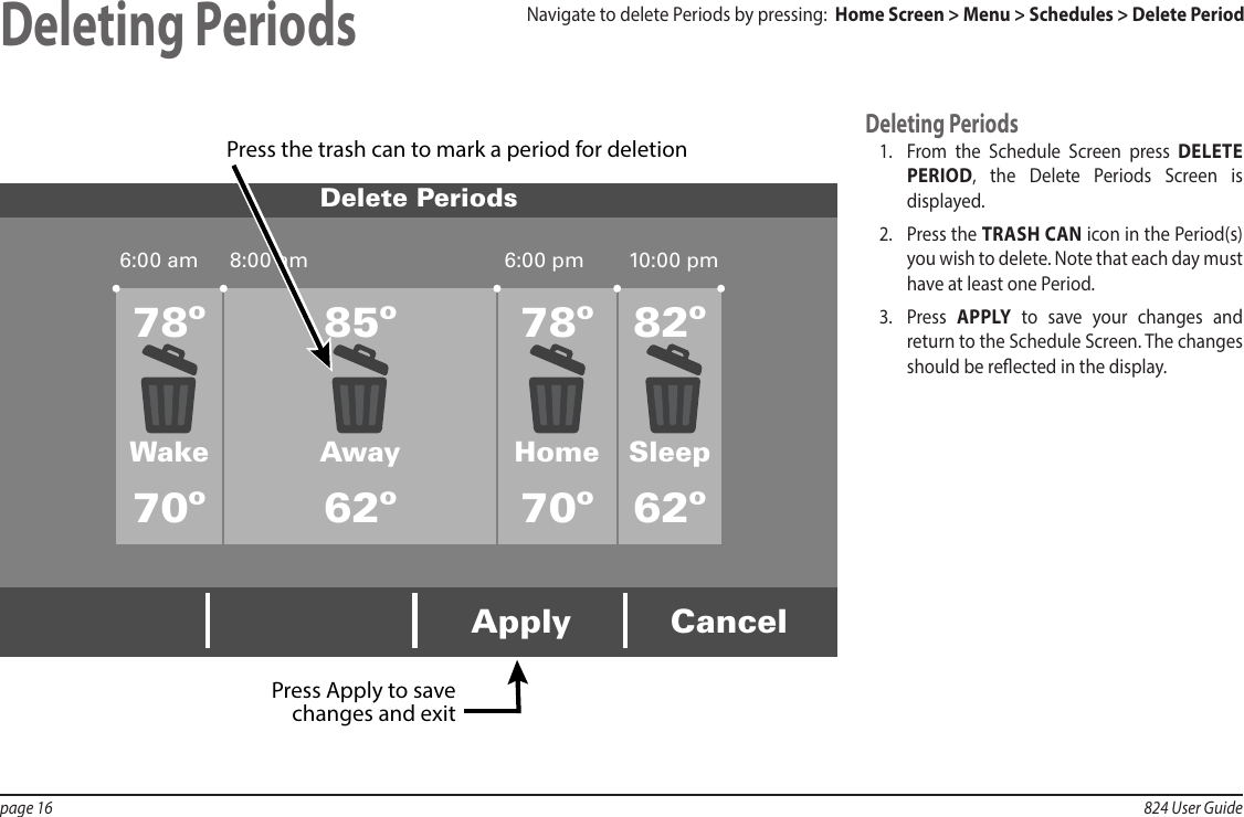 page 16  824 User GuideDeleting Periods1.  From the Schedule Screen press DELETE PERIOD, the Delete Periods Screen is displayed.2.  Press the TRASH CAN icon in the Period(s) you wish to delete. Note that each day must have at least one Period.3.  Press  APPLY to save your changes and return to the Schedule Screen. The changes should be reected in the display.Deleting PeriodsDelete Periods6:00 am 8:00 am 6:00 pm 10:00 pm78º70º85º 78º70º82º62º62ºWake Away Home SleepApply CancelPress Apply to savechanges and exitPress the trash can to mark a period for deletionNavigate to delete Periods by pressing:  Home Screen &gt; Menu &gt; Schedules &gt; Delete Period