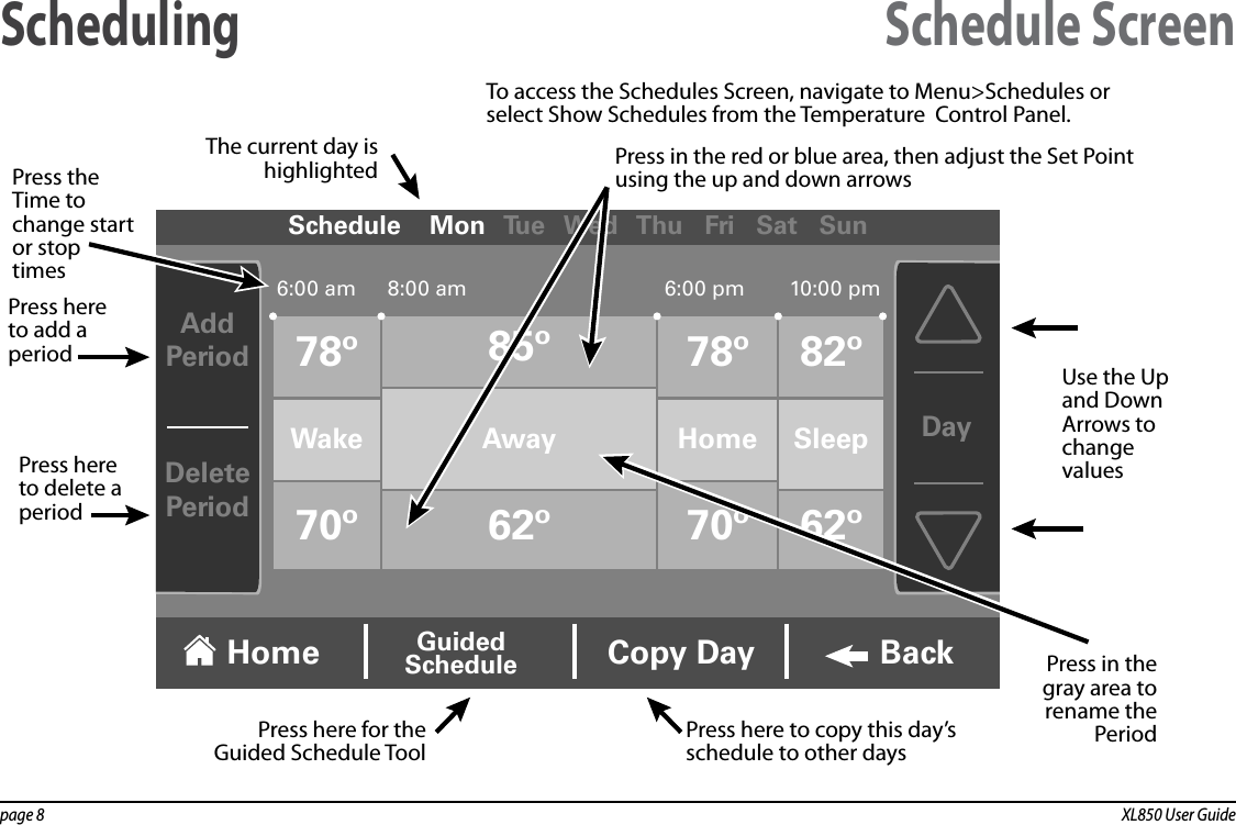 page 8  XL850 User GuideScheduling Schedule ScreenSchedule    Mon   Tu e    Wed   Thu   Fri   Sat   Sun6:00 am 8:00 am 6:00 pm 10:00 pm78º70º85º 78º70º82º62º62ºWakeAddPeriodDayDeletePeriodAway Home SleepCopy DayHome GuidedSchedule BackPress here to add a period Press the Time to change start or stop timesPress here to delete a period Use the Up and Down Arrows to change valuesPress in the gray area to rename the PeriodPress here to copy this day’s schedule to other daysPress here for theGuided Schedule ToolThe current day is highlighted Press in the red or blue area, then adjust the Set Point using the up and down arrowsTo access the Schedules Screen, navigate to Menu&gt;Schedules or select Show Schedules from the Temperature  Control Panel.