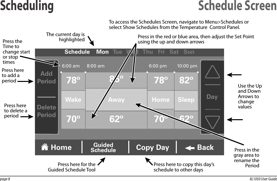 page 8  XL1050 User GuideScheduling Schedule ScreenSchedule    Mon   Tu e    Wed   Thu   Fri   Sat   Sun6:00 am 8:00 am 6:00 pm 10:00 pm78º70º85º 78º70º82º62º62ºWakeAddPeriodDayDeletePeriodAway Home SleepCopy DayHome GuidedSchedule BackPress here to add a period Press the Time to change start or stop timesPress here to delete a period Use the Up and Down Arrows to change valuesPress in the gray area to rename the PeriodPress here to copy this day’s schedule to other daysPress here for theGuided Schedule ToolThe current day is highlighted Press in the red or blue area, then adjust the Set Point using the up and down arrowsTo access the Schedules Screen, navigate to Menu&gt;Schedules or select Show Schedules from the Temperature  Control Panel.