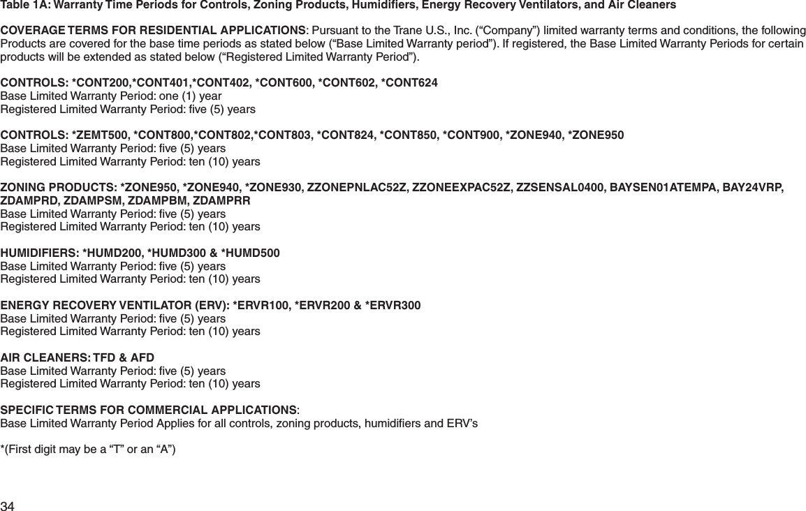 34  Table 1A: Warranty Time Periods for Controls, Zoning Products, Humidiﬁers, Energy Recovery Ventilators, and Air Cleaners    COVERAGE TERMS FOR RESIDENTIAL APPLICATIONS: Pursuant to the Trane U.S., Inc. (“Company”) limited warranty terms and conditions, the following Products are covered for the base time periods as stated below (“Base Limited Warranty period”). If registered, the Base Limited Warranty Periods for certain products will be extended as stated below (“Registered Limited Warranty Period”).CONTROLS: *CONT200,*CONT401,*CONT402, *CONT600, *CONT602, *CONT624Base Limited Warranty Period: one (1) yearRegistered Limited Warranty Period: ﬁve (5) yearsCONTROLS: *ZEMT500, *CONT800,*CONT802,*CONT803, *CONT824, *CONT850, *CONT900, *ZONE940, *ZONE950Base Limited Warranty Period: ﬁve (5) yearsRegistered Limited Warranty Period: ten (10) yearsZONING PRODUCTS: *ZONE950, *ZONE940, *ZONE930, ZZONEPNLAC52Z, ZZONEEXPAC52Z, ZZSENSAL0400, BAYSEN01ATEMPA, BAY24VRP, ZDAMPRD, ZDAMPSM, ZDAMPBM, ZDAMPRRBase Limited Warranty Period: ﬁve (5) yearsRegistered Limited Warranty Period: ten (10) yearsHUMIDIFIERS: *HUMD200, *HUMD300 &amp; *HUMD500Base Limited Warranty Period: ﬁve (5) yearsRegistered Limited Warranty Period: ten (10) yearsENERGY RECOVERY VENTILATOR (ERV): *ERVR100, *ERVR200 &amp; *ERVR300Base Limited Warranty Period: ﬁve (5) yearsRegistered Limited Warranty Period: ten (10) yearsAIR CLEANERS: TFD &amp; AFDBase Limited Warranty Period: ﬁve (5) yearsRegistered Limited Warranty Period: ten (10) yearsSPECIFIC TERMS FOR COMMERCIAL APPLICATIONS:Base Limited Warranty Period Applies for all controls, zoning products, humidiﬁers and ERV’s*(First digit may be a “T” or an “A”)