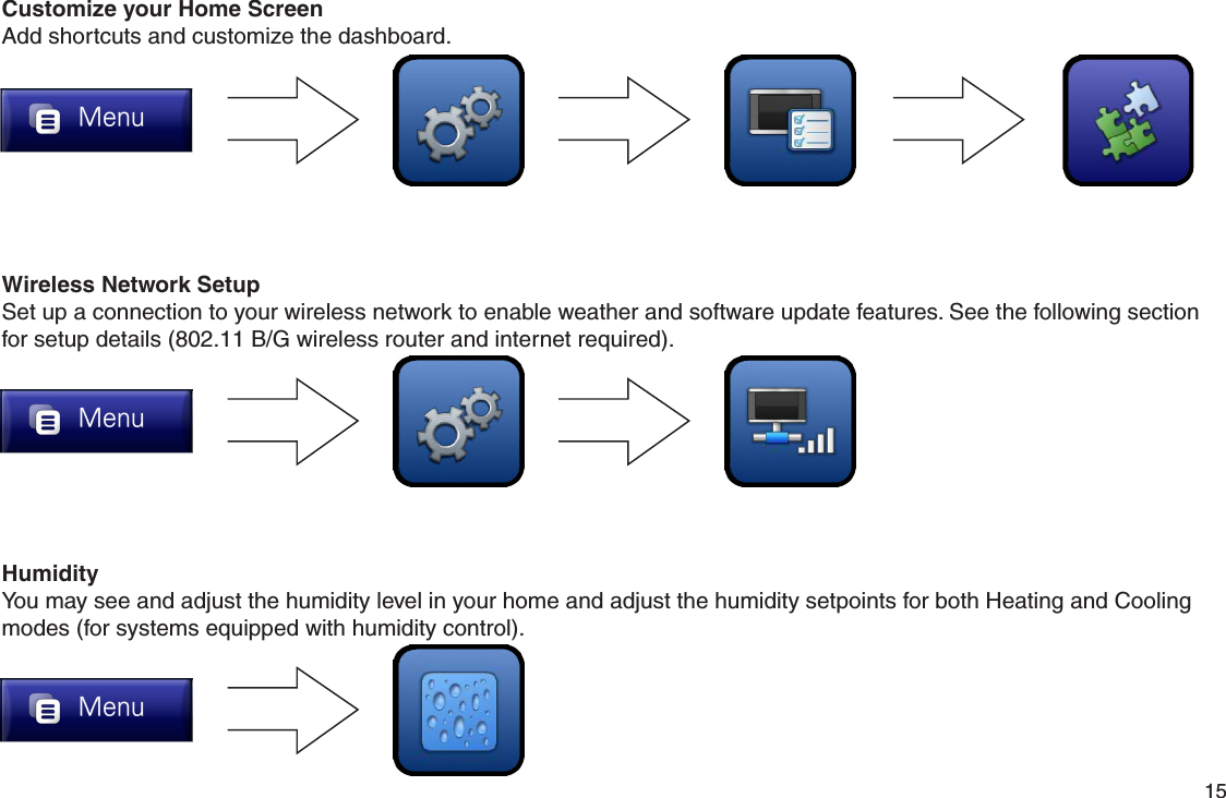         15 Customize your Home ScreenAdd shortcuts and customize the dashboard.Wireless Network SetupSet up a connection to your wireless network to enable weather and software update features. See the following section for setup details (802.11 B/G wireless router and internet required).HumidityYou may see and adjust the humidity level in your home and adjust the humidity setpoints for both Heating and Cooling modes (for systems equipped with humidity control).