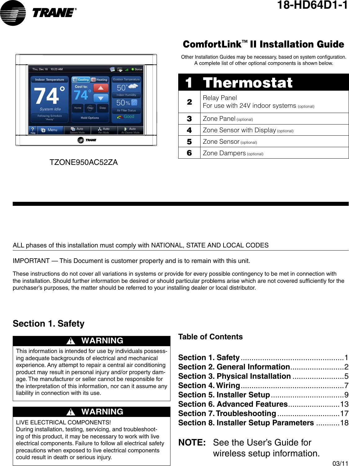 Trane 18 Hd64D1 1 Users Manual 03/01/2011 Installer's Guide ComfortLink