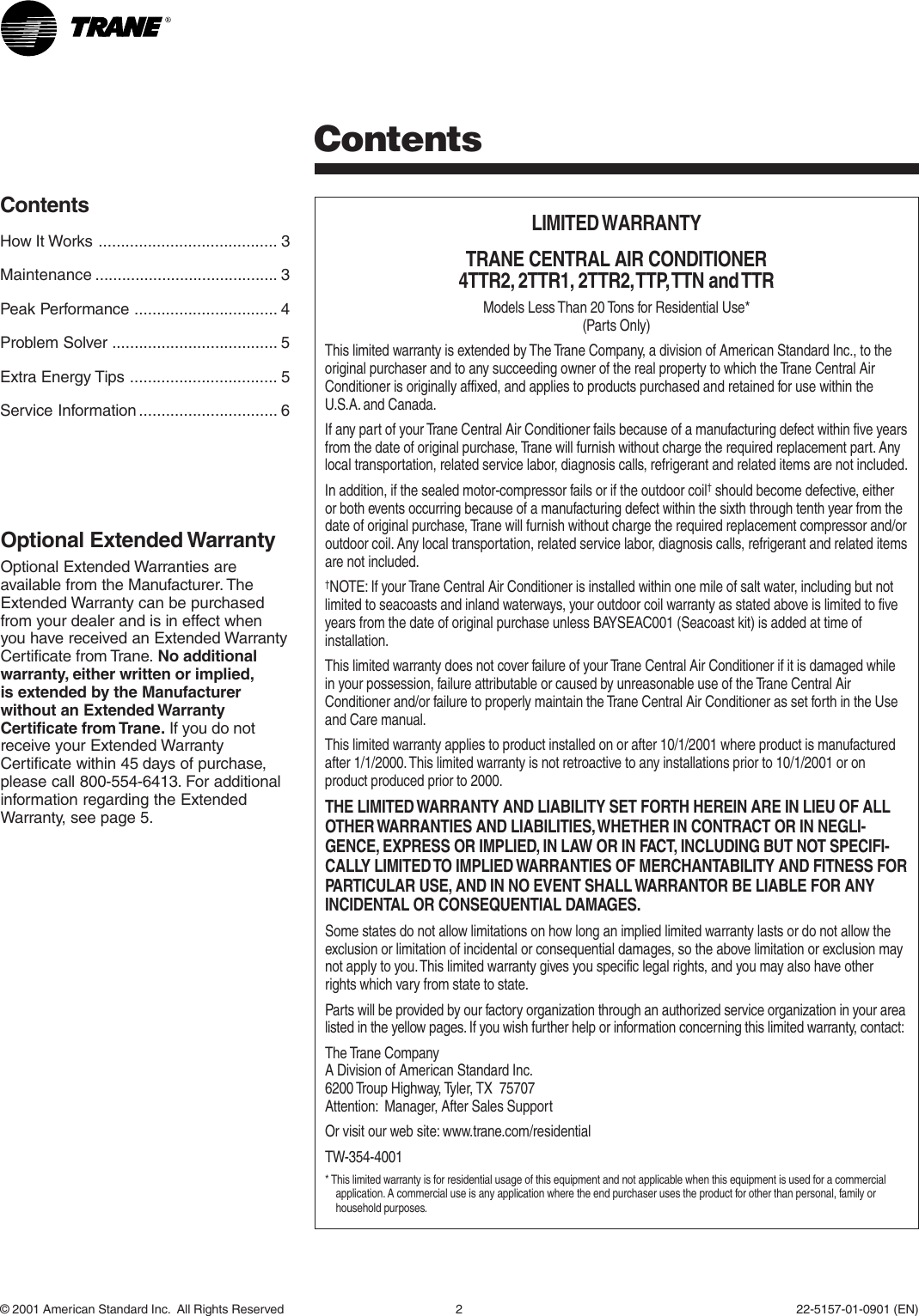 Page 2 of 6 - Trane Trane-22-5157-01-0901-En-Users-Manual-  Trane-22-5157-01-0901-en-users-manual