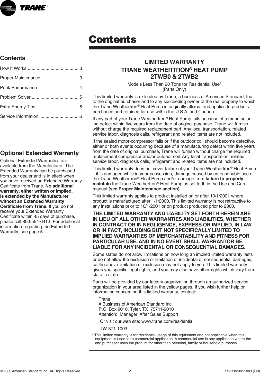 Page 2 of 6 - Trane Trane-2Twb0-Um-2-Users-Manual- 22_5202_02_kit.p65  Trane-2twb0-um-2-users-manual