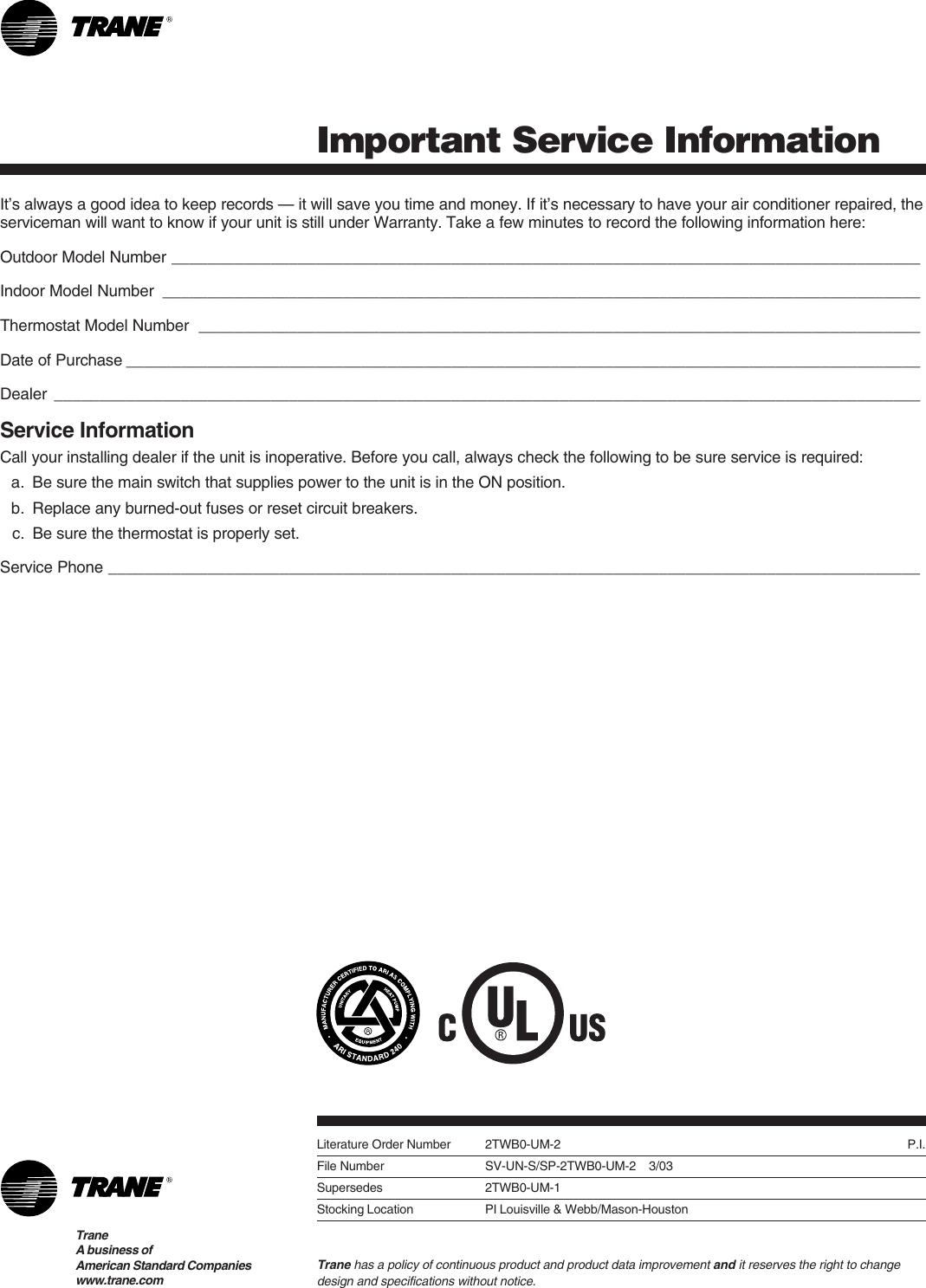 Page 6 of 6 - Trane Trane-2Twb0-Um-2-Users-Manual- 22_5202_02_kit.p65  Trane-2twb0-um-2-users-manual