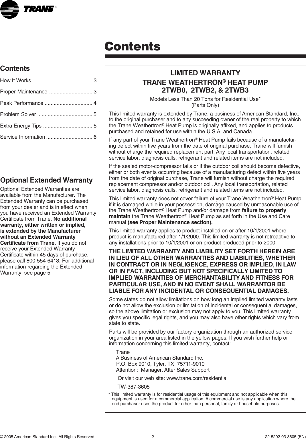 Page 2 of 6 - Trane Trane-2Twb-Svu01A-En-Users-Manual- 22-5202-03  Trane-2twb-svu01a-en-users-manual
