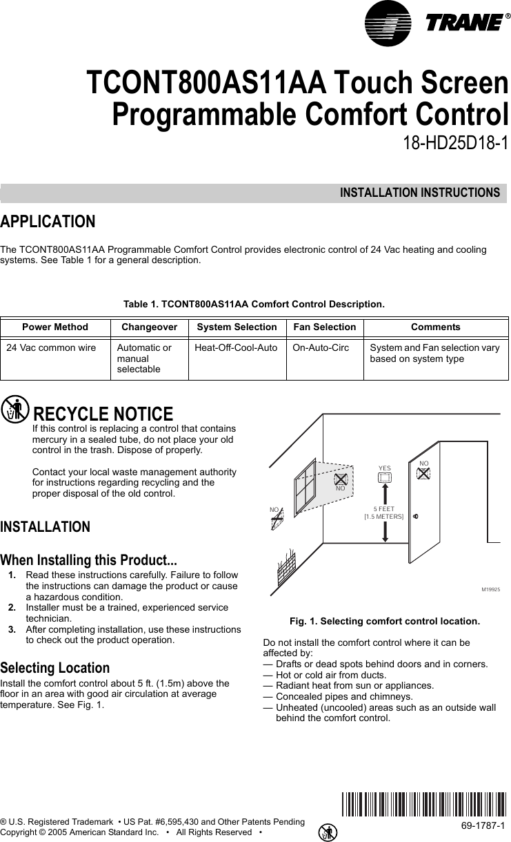 Page 1 of 12 - Trane Trane-Tcont800As11Aa-Users-Manual- 69-1787 TCONT800AS11AA Touch Screen Programmable Comfort Control  Trane-tcont800as11aa-users-manual