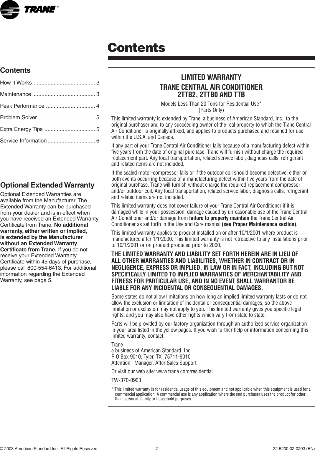 Trane Xe1100 Users Manual 22_5200_02kit.p65