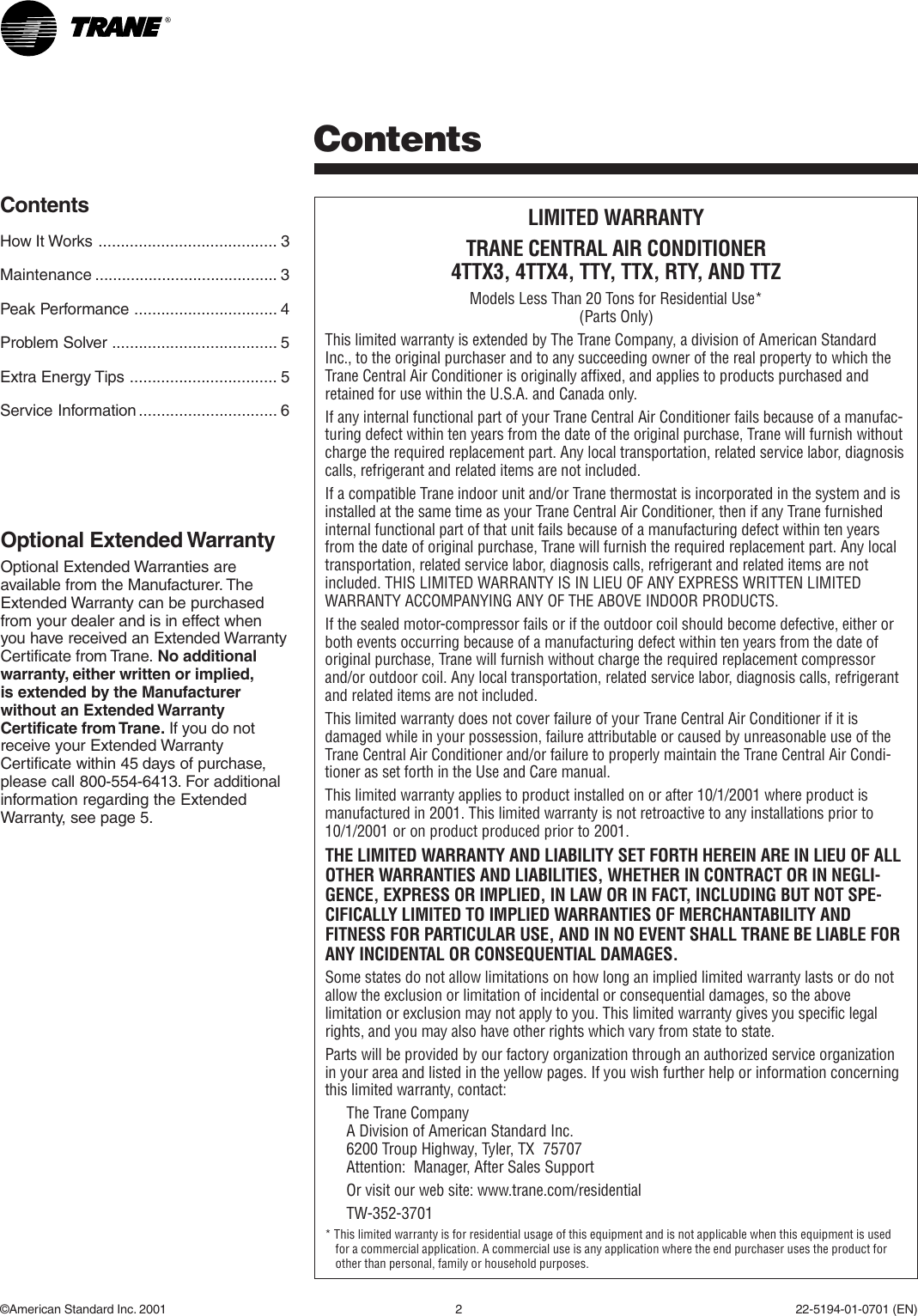 Page 2 of 6 - Trane Trane-Xl-Series-Users-Manual- 22_5194_01_kit.p65 Trane-xl-series-users-manual