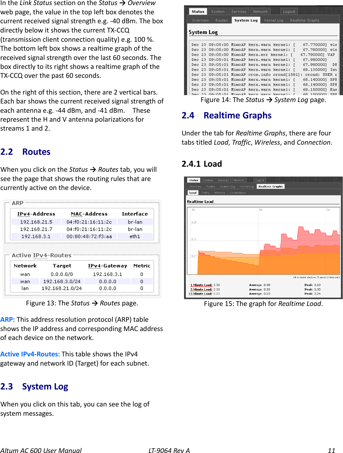 Altum AC 600 User Manual LT-9064 Rev A 11 In the Link Status section on the Status → Overview web page, the value in the top left box denotes the current received signal strength e.g. -40 dBm. The box directly below it shows the current TX-CCQ (transmission client connection quality) e.g. 100 %. The bottom left box shows a realtime graph of the received signal strength over the last 60 seconds. The box directly to its right shows a realtime graph of the TX-CCQ over the past 60 seconds. On the right of this section, there are 2 vertical bars. Each bar shows the current received signal strength of each antenna e.g. -44 dBm, and -41 dBm.   These represent the H and V antenna polarizations for streams 1 and 2. 2.2  Routes When you click on the Status → Routes tab, you will see the page that shows the routing rules that are currently active on the device.  ARP: This address resolution protocol (ARP) table shows the IP address and corresponding MAC address of each device on the network. Active IPv4-Routes: This table shows the IPv4 gateway and network ID (Target) for each subnet. 2.3  System Log When you click on this tab, you can see the log of system messages.    2.4  Realtime Graphs Under the tab for Realtime Graphs, there are four tabs titled Load, Traffic, Wireless, and Connection. 2.4.1  Load  Figure 15: The graph for Realtime Load. Figure 14: The Status → System Log page. Figure 13: The Status → Routes page. 