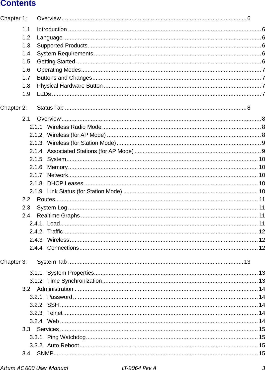 Altum AC 600 User Manual LT-9064 Rev A  3   Contents Chapter 1: Overview .................................................................................................................. 6 1.1 Introduction ....................................................................................................................... 6 1.2 Language .......................................................................................................................... 6 1.3 Supported Products ........................................................................................................... 6 1.4 System Requirements ....................................................................................................... 6 1.5 Getting Started .................................................................................................................. 6 1.6 Operating Modes ............................................................................................................... 7 1.7 Buttons and Changes ........................................................................................................ 7 1.8 Physical Hardware Button ................................................................................................. 7 1.9 LEDs ................................................................................................................................. 7 Chapter 2: Status Tab ................................................................................................................ 8 2.1 Overview ........................................................................................................................... 8 2.1.1 Wireless Radio Mode .................................................................................................. 8 2.1.2 Wireless (for AP Mode) ............................................................................................... 8 2.1.3 Wireless (for Station Mode) ......................................................................................... 9 2.1.4 Associated Stations (for AP Mode) .............................................................................. 9 2.1.5 System ...................................................................................................................... 10 2.1.6 Memory ..................................................................................................................... 10 2.1.7 Network..................................................................................................................... 10 2.1.8 DHCP Leases ........................................................................................................... 10 2.1.9 Link Status (for Station Mode) ................................................................................... 10 2.2 Routes ............................................................................................................................. 11 2.3 System Log ..................................................................................................................... 11 2.4 Realtime Graphs ............................................................................................................. 11 2.4.1 Load .......................................................................................................................... 11 2.4.2 Traffic ........................................................................................................................ 12 2.4.3 Wireless .................................................................................................................... 12 2.4.4 Connections .............................................................................................................. 12 Chapter 3: System Tab ............................................................................................................ 13 3.1.1 System Properties ..................................................................................................... 13 3.1.2 Time Synchronization ................................................................................................ 13 3.2 Administration ................................................................................................................. 14 3.2.1 Password .................................................................................................................. 14 3.2.2 SSH .......................................................................................................................... 14 3.2.3 Telnet ........................................................................................................................ 14 3.2.4 Web .......................................................................................................................... 14 3.3 Services .......................................................................................................................... 15 3.3.1 Ping Watchdog .......................................................................................................... 15 3.3.2 Auto Reboot .............................................................................................................. 15 3.4 SNMP .............................................................................................................................. 15 