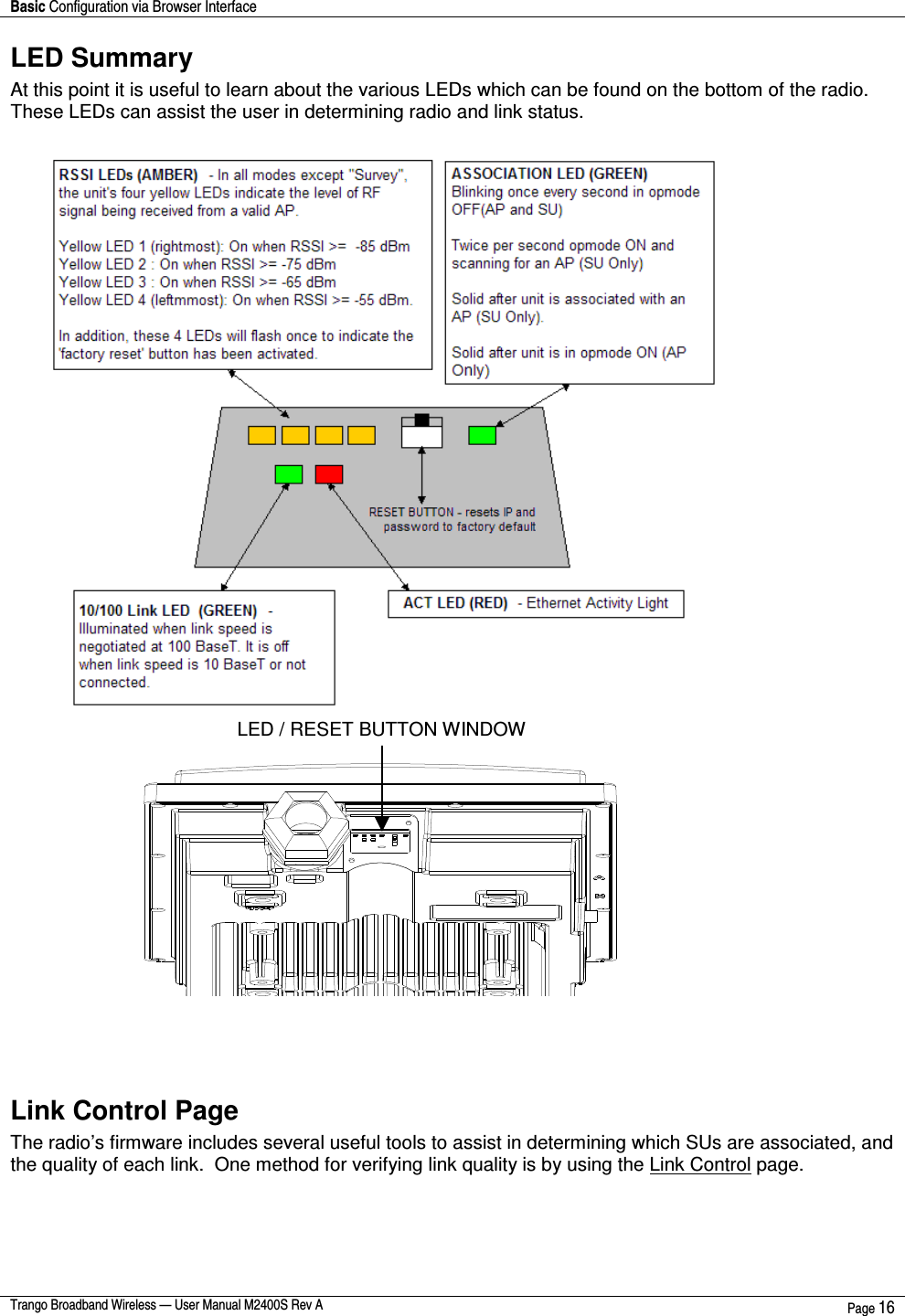 Basic Configuration via Browser Interface    Trango Broadband Wireless — User Manual M2400S Rev A  Page 16  LED Summary At this point it is useful to learn about the various LEDs which can be found on the bottom of the radio.   These LEDs can assist the user in determining radio and link status.            Link Control Page The radio’s firmware includes several useful tools to assist in determining which SUs are associated, and the quality of each link.  One method for verifying link quality is by using the Link Control page.  LED / RESET BUTTON WINDOW  