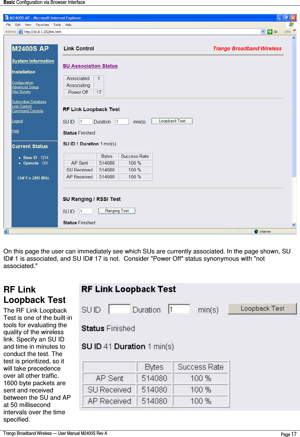 Basic Configuration via Browser Interface    Trango Broadband Wireless — User Manual M2400S Rev A  Page 17     On this page the user can immediately see which SUs are currently associated. In the page shown, SU ID# 1 is associated, and SU ID# 17 is not.  Consider &quot;Power Off&quot; status synonymous with &quot;not associated.&quot;    RF Link Loopback Test  The RF Link Loopback Test is one of the built-in tools for evaluating the quality of the wireless link. Specify an SU ID and time in minutes to conduct the test. The test is prioritized, so it will take precedence over all other traffic.  1600 byte packets are sent and received between the SU and AP at 50 millisecond intervals over the time specified.  