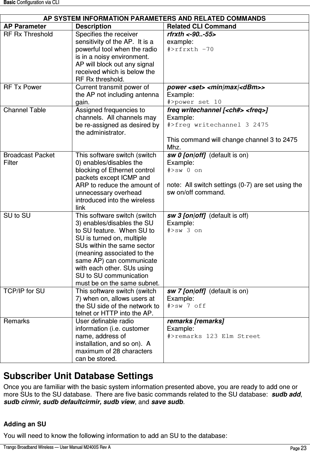 Basic Configuration via CLI    Trango Broadband Wireless — User Manual M2400S Rev A  Page 23  AP SYSTEM INFORMATION PARAMETERS AND RELATED COMMANDS AP Parameter  Description  Related CLI Command RF Rx Threshold  Specifies the receiver sensitivity of the AP.  It is a powerful tool when the radio is in a noisy environment.  AP will block out any signal received which is below the RF Rx threshold. rfrxth &lt;-90..-55&gt; example:   #&gt;rfrxth –70  RF Tx Power  Current transmit power of the AP not including antenna gain. power &lt;set&gt; &lt;min|max|&lt;dBm&gt;&gt; Example:   #&gt;power set 10 Channel Table  Assigned frequencies to channels.  All channels may be re-assigned as desired by the administrator. freq writechannel [&lt;ch#&gt; &lt;freq&gt;] Example: #&gt;freg writechannel 3 2475  This command will change channel 3 to 2475 Mhz. Broadcast Packet Filter  This software switch (switch 0) enables/disables the blocking of Ethernet control packets except ICMP and ARP to reduce the amount of unnecessary overhead introduced into the wireless link sw 0 [on|off]  (default is on) Example: #&gt;sw 0 on  note:  All switch settings (0-7) are set using the sw on/off command. SU to SU  This software switch (switch 3) enables/disables the SU to SU feature.  When SU to SU is turned on, multiple SUs within the same sector (meaning associated to the same AP) can communicate with each other. SUs using SU to SU communication must be on the same subnet. sw 3 [on|off]  (default is off) Example: #&gt;sw 3 on   TCP/IP for SU  This software switch (switch 7) when on, allows users at the SU side of the network to telnet or HTTP into the AP. sw 7 [on|off]  (default is on) Example: #&gt;sw 7 off  Remarks  User definable radio information (i.e. customer name, address of installation, and so on).  A maximum of 28 characters can be stored. remarks [remarks] Example: #&gt;remarks 123 Elm Street  Subscriber Unit Database Settings Once you are familiar with the basic system information presented above, you are ready to add one or more SUs to the SU database.  There are five basic commands related to the SU database:  sudb add, sudb cirmir, sudb defaultcirmir, sudb view, and save sudb.  Adding an SU You will need to know the following information to add an SU to the database: 