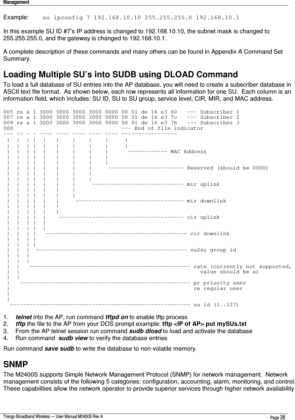 Management    Trango Broadband Wireless — User Manual M2400S Rev A  Page 38  Example:   su ipconfig 7 192.168.10.10 255.255.255.0 192.168.10.1  In this example SU ID #7’s IP address is changed to 192.168.10.10, the subnet mask is changed to 255.255.255.0, and the gateway is changed to 192.168.10.1.  A complete description of these commands and many others can be found in Appendix A Command Set Summary. Loading Multiple SU’s into SUDB using DLOAD Command To load a full database of SU entries into the AP database, you will need to create a subscriber database in ASCII text file format.  As shown below, each row represents all information for one SU.  Each column is an information field, which includes: SU ID, SU to SU group, service level, CIR, MIR, and MAC address.  005 re a 1 3000 3000 3000 3000 0000 00 01 de 16 e3 60  --- Subscriber 1 007 re a 1 3000 3000 3000 3000 0000 00 01 de 16 e3 7c   --- Subscriber 2 009 re a 1 3000 3000 3000 3000 0000 00 01 de 16 e3 7b   --- Subscriber 3 000                 --- End of file indicator --- -- - - ---- ---- ---- ---- ---- -----------------  |  |  | |  |  |    |    |    |     |        |  |  | |  |  |    |    |    |   |  |  |  | |  |  |    |    |    |    ------------ MAC Address  |  |  | |  |  |    |    |    |  |  |  | |  |  |    |    |    |  |  |  | |  |  |    |    |     ----------------------- Reserved (should be 0000)  |  |  | |  |  |    |    |  |  |  | |  |  |    |    |  |  |  | |  |  |    |     ---------------------------- mir uplink  |  |  | |  |  |    |  |  |  | |  |  |    |  |  |  | |  |  |    --------------------------------- mir downlink  |  |  | |  |  |   |  |  | |  |  |  |  |  | |  |   -------------------------------------- cir uplink  |  |  | |  |  |  |  | |  |   |  |  | |   ------------------------------------------- cir downlink    |  |  | |  |  |  | |  |  |  |  ---------------------------------------------- su2su group id  |  |  |  |  |  |  |  |   ------------------------------------------------- rate (currently not supported,  |  |                                    value should be a)     |  |  |   ---------------------------------------------------- pr priority user  |                                        re regular user  |  |   ------------------------------------------------------- su id (1..127)  1.  telnet into the AP, run command tftpd on to enable tftp process 2.  tftp the file to the AP from your DOS prompt example: tftp &lt;IP of AP&gt; put mySUs.txt 3.  From the AP telnet session run command sudb dload to load and activate the database 4.  Run command  sudb view to verify the database entries Run command save sudb to write the database to non-volatile memory. SNMP The M2400S supports Simple Network Management Protocol (SNMP) for network management.  Network management consists of the following 5 categories: configuration, accounting, alarm, monitoring, and control.  These capabilities allow the network operator to provide superior services through higher network availability 