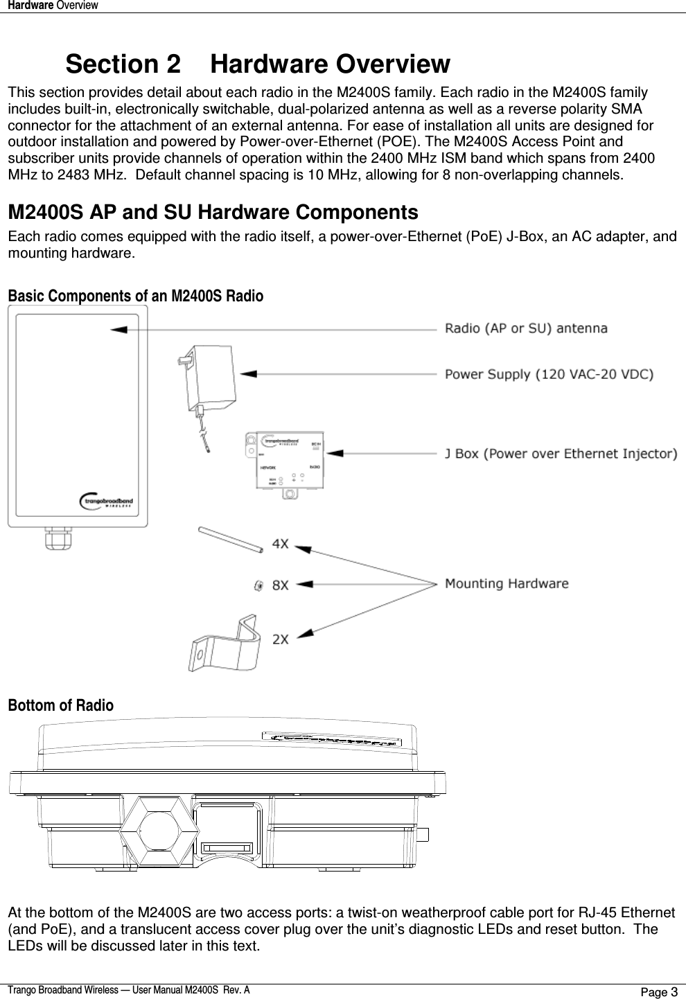 Hardware Overview    Trango Broadband Wireless — User Manual M2400S  Rev. A Page 3  Section 2    Hardware Overview This section provides detail about each radio in the M2400S family. Each radio in the M2400S family includes built-in, electronically switchable, dual-polarized antenna as well as a reverse polarity SMA connector for the attachment of an external antenna. For ease of installation all units are designed for outdoor installation and powered by Power-over-Ethernet (POE). The M2400S Access Point and subscriber units provide channels of operation within the 2400 MHz ISM band which spans from 2400 MHz to 2483 MHz.  Default channel spacing is 10 MHz, allowing for 8 non-overlapping channels.   M2400S AP and SU Hardware Components Each radio comes equipped with the radio itself, a power-over-Ethernet (PoE) J-Box, an AC adapter, and mounting hardware.    Basic Components of an M2400S Radio   Bottom of Radio    At the bottom of the M2400S are two access ports: a twist-on weatherproof cable port for RJ-45 Ethernet (and PoE), and a translucent access cover plug over the unit’s diagnostic LEDs and reset button.  The LEDs will be discussed later in this text.  