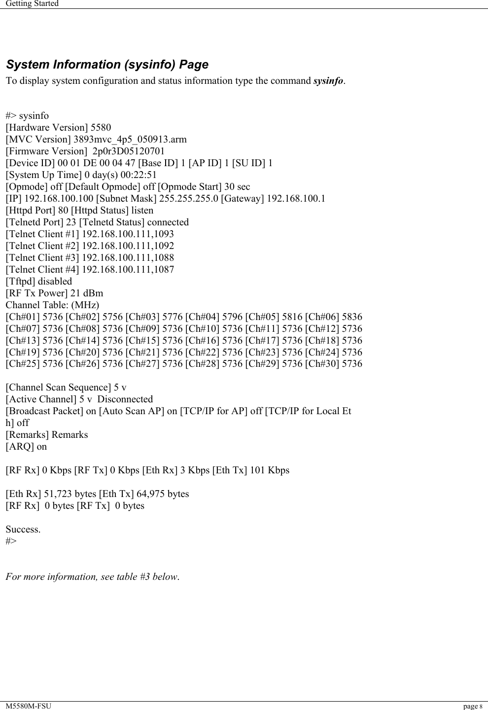 Getting Started    M5580M-FSU page 8    System Information (sysinfo) Page To display system configuration and status information type the command sysinfo.   #&gt; sysinfo [Hardware Version] 5580 [MVC Version] 3893mvc_4p5_050913.arm [Firmware Version]  2p0r3D05120701 [Device ID] 00 01 DE 00 04 47 [Base ID] 1 [AP ID] 1 [SU ID] 1 [System Up Time] 0 day(s) 00:22:51 [Opmode] off [Default Opmode] off [Opmode Start] 30 sec [IP] 192.168.100.100 [Subnet Mask] 255.255.255.0 [Gateway] 192.168.100.1 [Httpd Port] 80 [Httpd Status] listen [Telnetd Port] 23 [Telnetd Status] connected [Telnet Client #1] 192.168.100.111,1093 [Telnet Client #2] 192.168.100.111,1092 [Telnet Client #3] 192.168.100.111,1088 [Telnet Client #4] 192.168.100.111,1087 [Tftpd] disabled [RF Tx Power] 21 dBm Channel Table: (MHz) [Ch#01] 5736 [Ch#02] 5756 [Ch#03] 5776 [Ch#04] 5796 [Ch#05] 5816 [Ch#06] 5836 [Ch#07] 5736 [Ch#08] 5736 [Ch#09] 5736 [Ch#10] 5736 [Ch#11] 5736 [Ch#12] 5736 [Ch#13] 5736 [Ch#14] 5736 [Ch#15] 5736 [Ch#16] 5736 [Ch#17] 5736 [Ch#18] 5736 [Ch#19] 5736 [Ch#20] 5736 [Ch#21] 5736 [Ch#22] 5736 [Ch#23] 5736 [Ch#24] 5736 [Ch#25] 5736 [Ch#26] 5736 [Ch#27] 5736 [Ch#28] 5736 [Ch#29] 5736 [Ch#30] 5736  [Channel Scan Sequence] 5 v [Active Channel] 5 v  Disconnected [Broadcast Packet] on [Auto Scan AP] on [TCP/IP for AP] off [TCP/IP for Local Et h] off [Remarks] Remarks [ARQ] on  [RF Rx] 0 Kbps [RF Tx] 0 Kbps [Eth Rx] 3 Kbps [Eth Tx] 101 Kbps  [Eth Rx] 51,723 bytes [Eth Tx] 64,975 bytes [RF Rx]  0 bytes [RF Tx]  0 bytes  Success. #&gt;   For more information, see table #3 below.         