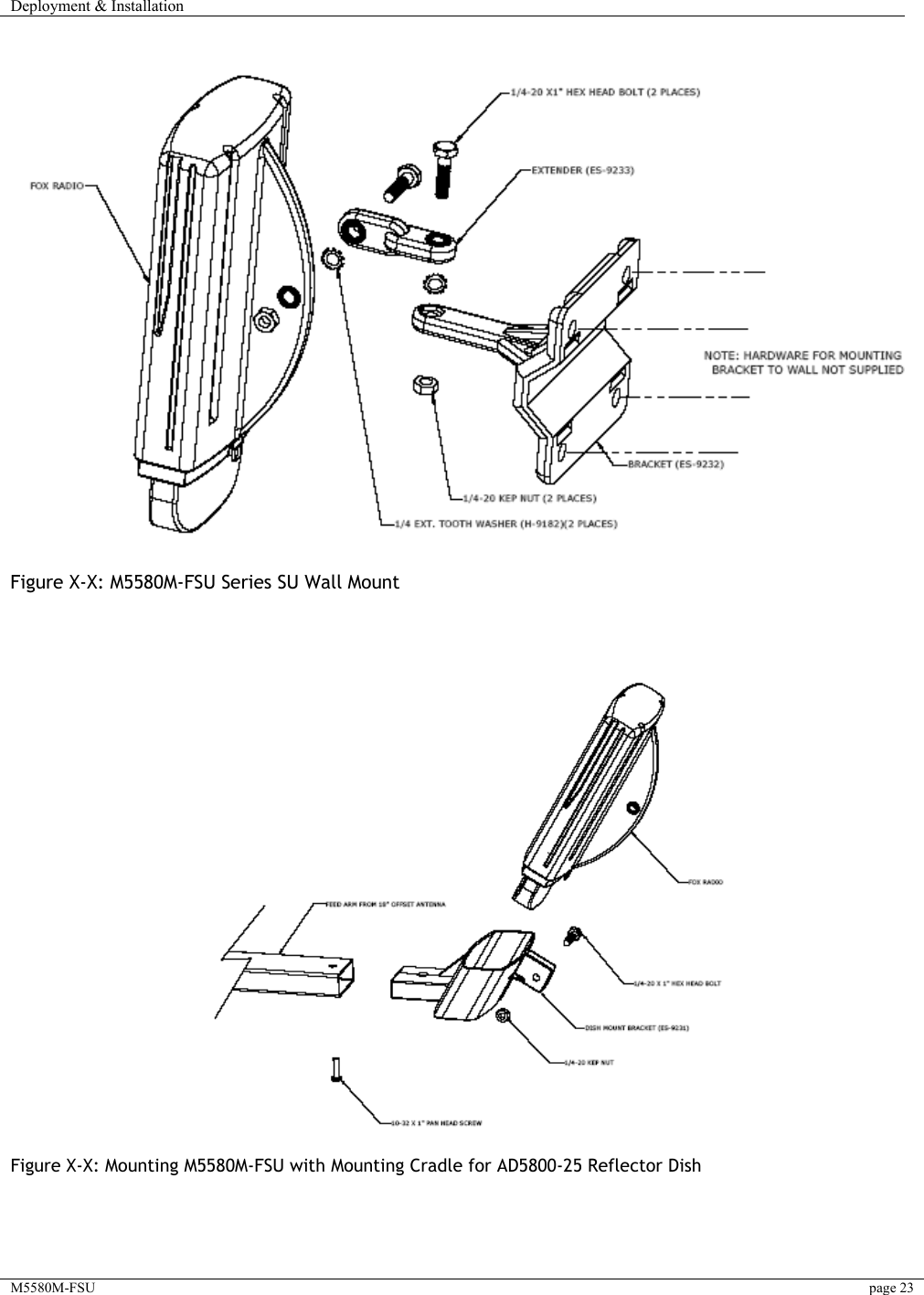 Deployment &amp; Installation    M5580M-FSU  page 23                   Figure X-X: M5580M-FSU Series SU Wall Mount                Figure X-X: Mounting M5580M-FSU with Mounting Cradle for AD5800-25 Reflector Dish 