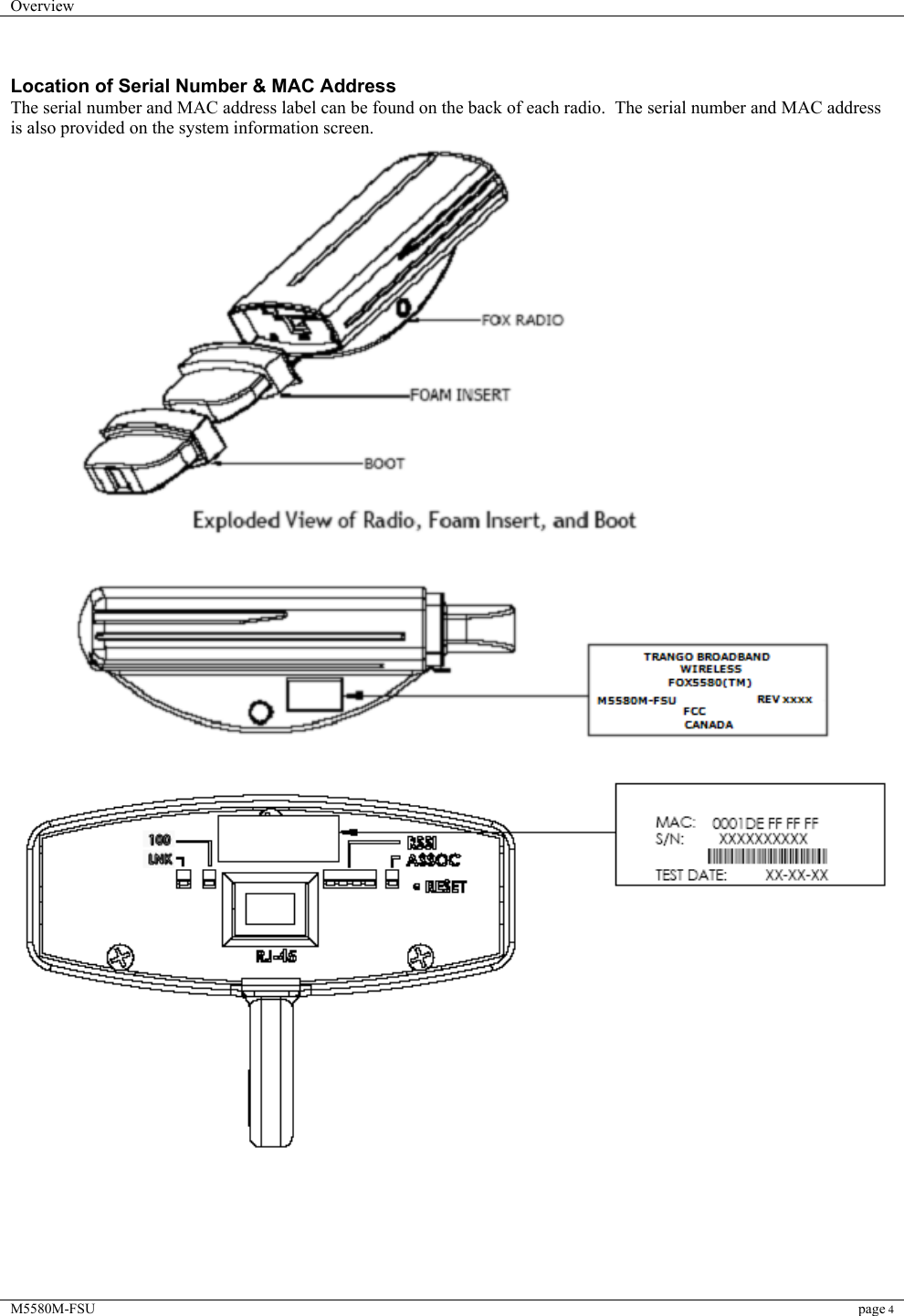 Overview    M5580M-FSU page 4   Location of Serial Number &amp; MAC Address The serial number and MAC address label can be found on the back of each radio.  The serial number and MAC address is also provided on the system information screen.        