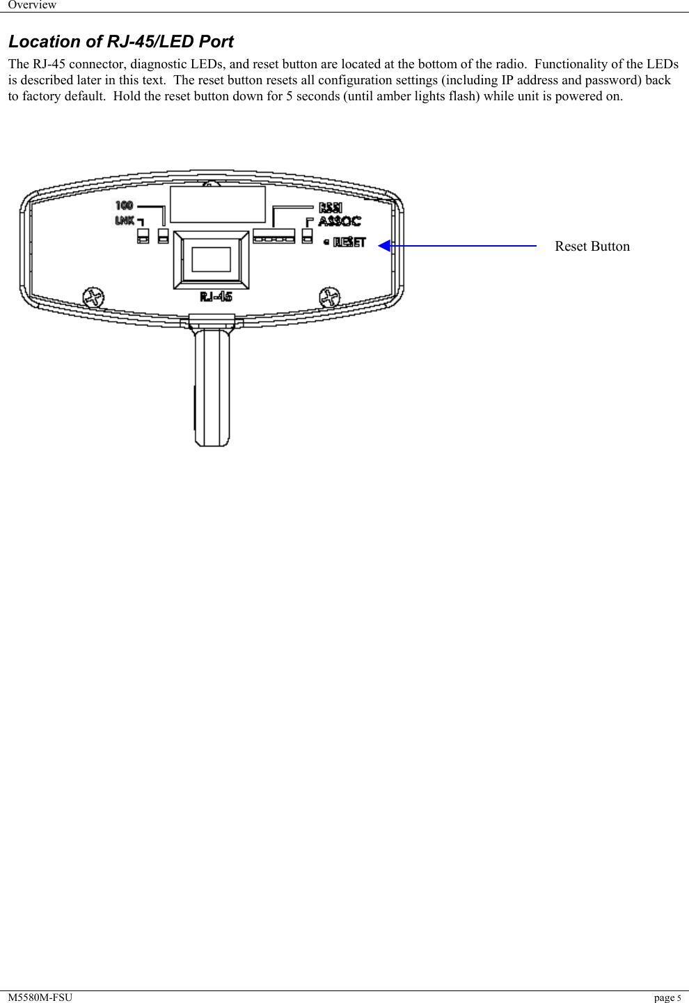 Overview    M5580M-FSU page 5  Location of RJ-45/LED Port The RJ-45 connector, diagnostic LEDs, and reset button are located at the bottom of the radio.  Functionality of the LEDs is described later in this text.  The reset button resets all configuration settings (including IP address and password) back to factory default.  Hold the reset button down for 5 seconds (until amber lights flash) while unit is powered on.                         Reset Button