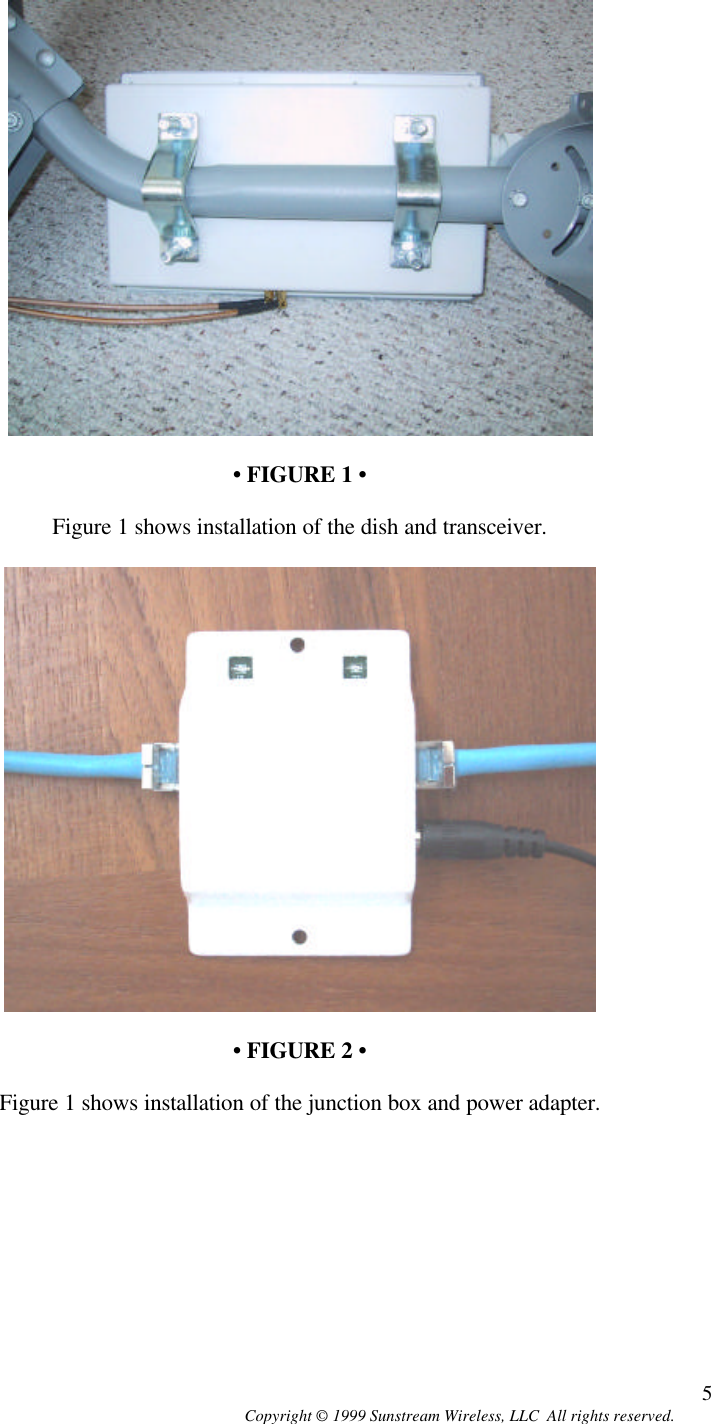  Copyright © 1999 Sunstream Wireless, LLC  All rights reserved. 5  • FIGURE 1 •  Figure 1 shows installation of the dish and transceiver.    • FIGURE 2 •  Figure 1 shows installation of the junction box and power adapter.        