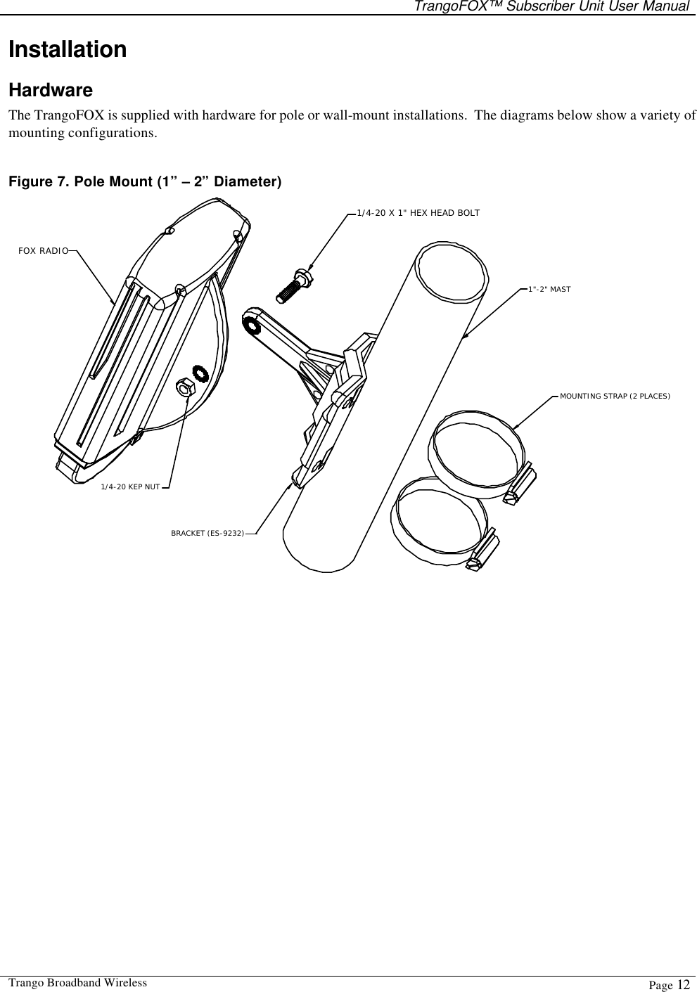   TrangoFOX™ Subscriber Unit User Manual  Trango Broadband Wireless  Page 12  Installation Hardware The TrangoFOX is supplied with hardware for pole or wall-mount installations.  The diagrams below show a variety of mounting configurations.  Figure 7. Pole Mount (1” – 2” Diameter) 1/4-20 X 1&quot; HEX HEAD BOLTFOX RADIO1/4-20 KEP NUT1&quot;-2&quot; MASTMOUNTING STRAP (2 PLACES)BRACKET (ES-9232) 