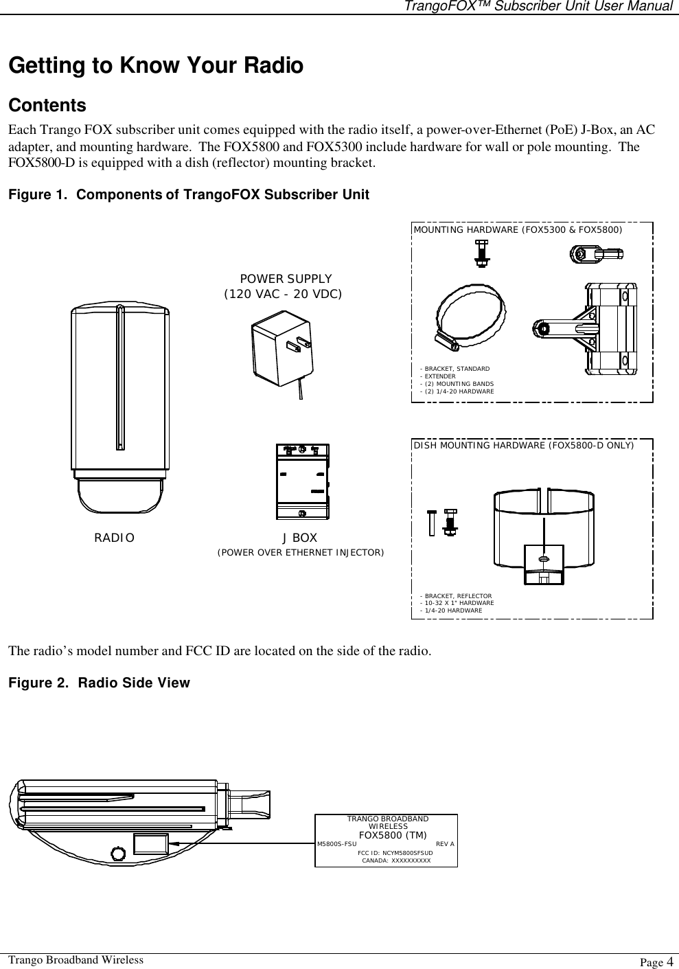   TrangoFOX™ Subscriber Unit User Manual  Trango Broadband Wireless  Page 4  Getting to Know Your Radio Contents Each Trango FOX subscriber unit comes equipped with the radio itself, a power-over-Ethernet (PoE) J-Box, an AC adapter, and mounting hardware.  The FOX5800 and FOX5300 include hardware for wall or pole mounting.  The FOX5800-D is equipped with a dish (reflector) mounting bracket. Figure 1.  Components of TrangoFOX Subscriber Unit RADIOPOWER SUPPLY(120 VAC - 20 VDC)(POWER OVER ETHERNET INJECTOR)J BOXMOUNTING HARDWARE (FOX5300 &amp; FOX5800)DISH MOUNTING HARDWARE (FOX5800-D ONLY)- BRACKET, STANDARD- EXTENDER- (2) MOUNTING BANDS- BRACKET, REFLECTOR- 10-32 X 1&quot; HARDWARE- 1/4-20 HARDWARE- (2) 1/4-20 HARDWARE  The radio’s model number and FCC ID are located on the side of the radio. Figure 2.  Radio Side View  TRANGO BROADBANDM5800S-FSU                                     REV AFOX5800 (TM)FCC ID: NCYM5800SFSUDCANADA: XXXXXXXXXXWIRELESS 