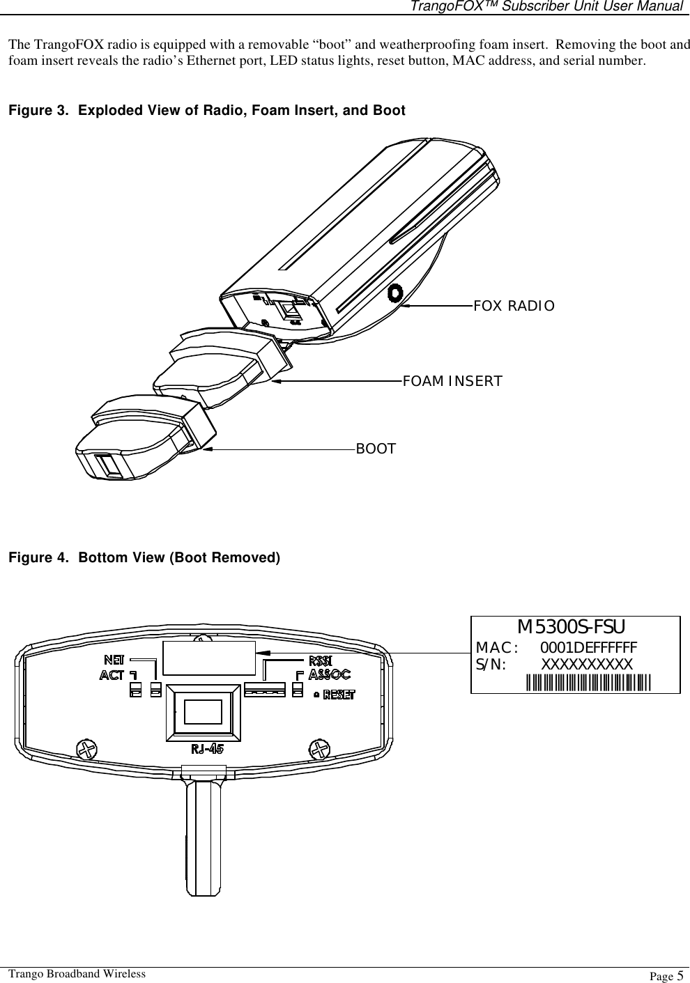   TrangoFOX™ Subscriber Unit User Manual  Trango Broadband Wireless  Page 5  The TrangoFOX radio is equipped with a removable “boot” and weatherproofing foam insert.  Removing the boot and foam insert reveals the radio’s Ethernet port, LED status lights, reset button, MAC address, and serial number.    Figure 3.  Exploded View of Radio, Foam Insert, and Boot FOX RADIOFOAM INSERTBOOT     Figure 4.  Bottom View (Boot Removed) 0001DEFFFFFFXXXXXXXXXX||||||||||||||||||||||||||||||||||||||||||||M5300S-FSUMAC: S/N:  