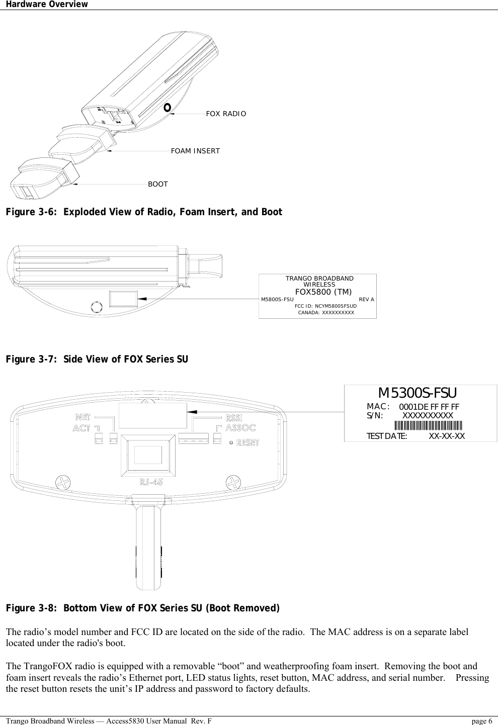 Hardware Overview    Trango Broadband Wireless — Access5830 User Manual  Rev. F  page 6  FOX RADIOFOAM INSERTBOOT Figure 3-6:  Exploded View of Radio, Foam Insert, and Boot   TRANGO BROADBANDM5800S-FSU                                     REV AFOX5800 (TM)FCC ID: NCYM5800SFSUDCANADA: XXXXXXXXXXWIRELESS  Figure 3-7:  Side View of FOX Series SU  0001DE FF FF FFXXXXXXXXXX||||||||||||||||||||||||||||||||||||||||||||M5300S-FSUMAC: S/N:  XX-XX-XXTEST DATE: Figure 3-8:  Bottom View of FOX Series SU (Boot Removed)  The radio’s model number and FCC ID are located on the side of the radio.  The MAC address is on a separate label located under the radio&apos;s boot.  The TrangoFOX radio is equipped with a removable “boot” and weatherproofing foam insert.  Removing the boot and foam insert reveals the radio’s Ethernet port, LED status lights, reset button, MAC address, and serial number.    Pressing the reset button resets the unit’s IP address and password to factory defaults.  