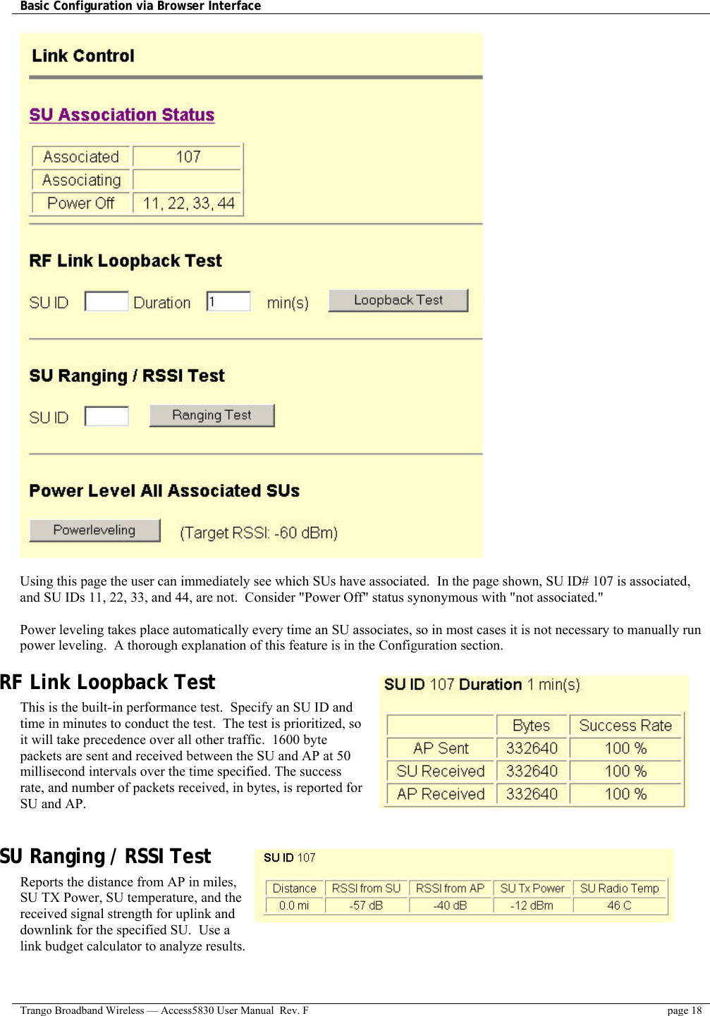 Basic Configuration via Browser Interface    Trango Broadband Wireless — Access5830 User Manual  Rev. F  page 18    Using this page the user can immediately see which SUs have associated.  In the page shown, SU ID# 107 is associated, and SU IDs 11, 22, 33, and 44, are not.  Consider &quot;Power Off&quot; status synonymous with &quot;not associated.&quot;    Power leveling takes place automatically every time an SU associates, so in most cases it is not necessary to manually run power leveling.  A thorough explanation of this feature is in the Configuration section.   RF Link Loopback Test This is the built-in performance test.  Specify an SU ID and time in minutes to conduct the test.  The test is prioritized, so it will take precedence over all other traffic.  1600 byte packets are sent and received between the SU and AP at 50 millisecond intervals over the time specified. The success rate, and number of packets received, in bytes, is reported for SU and AP.   SU Ranging / RSSI Test Reports the distance from AP in miles, SU TX Power, SU temperature, and the received signal strength for uplink and downlink for the specified SU.  Use a link budget calculator to analyze results. 