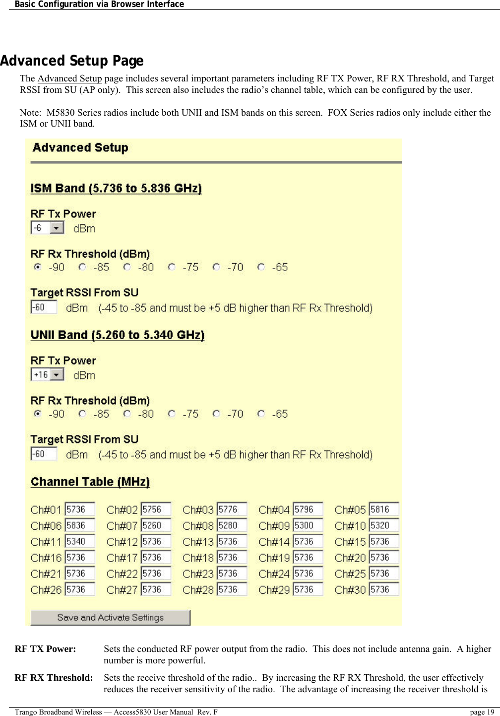 Basic Configuration via Browser Interface    Trango Broadband Wireless — Access5830 User Manual  Rev. F  page 19   Advanced Setup Page The Advanced Setup page includes several important parameters including RF TX Power, RF RX Threshold, and Target RSSI from SU (AP only).  This screen also includes the radio’s channel table, which can be configured by the user.  Note:  M5830 Series radios include both UNII and ISM bands on this screen.  FOX Series radios only include either the ISM or UNII band.                        RF TX Power:     Sets the conducted RF power output from the radio.  This does not include antenna gain.  A higher number is more powerful.     RF RX Threshold:   Sets the receive threshold of the radio..  By increasing the RF RX Threshold, the user effectively reduces the receiver sensitivity of the radio.  The advantage of increasing the receiver threshold is 