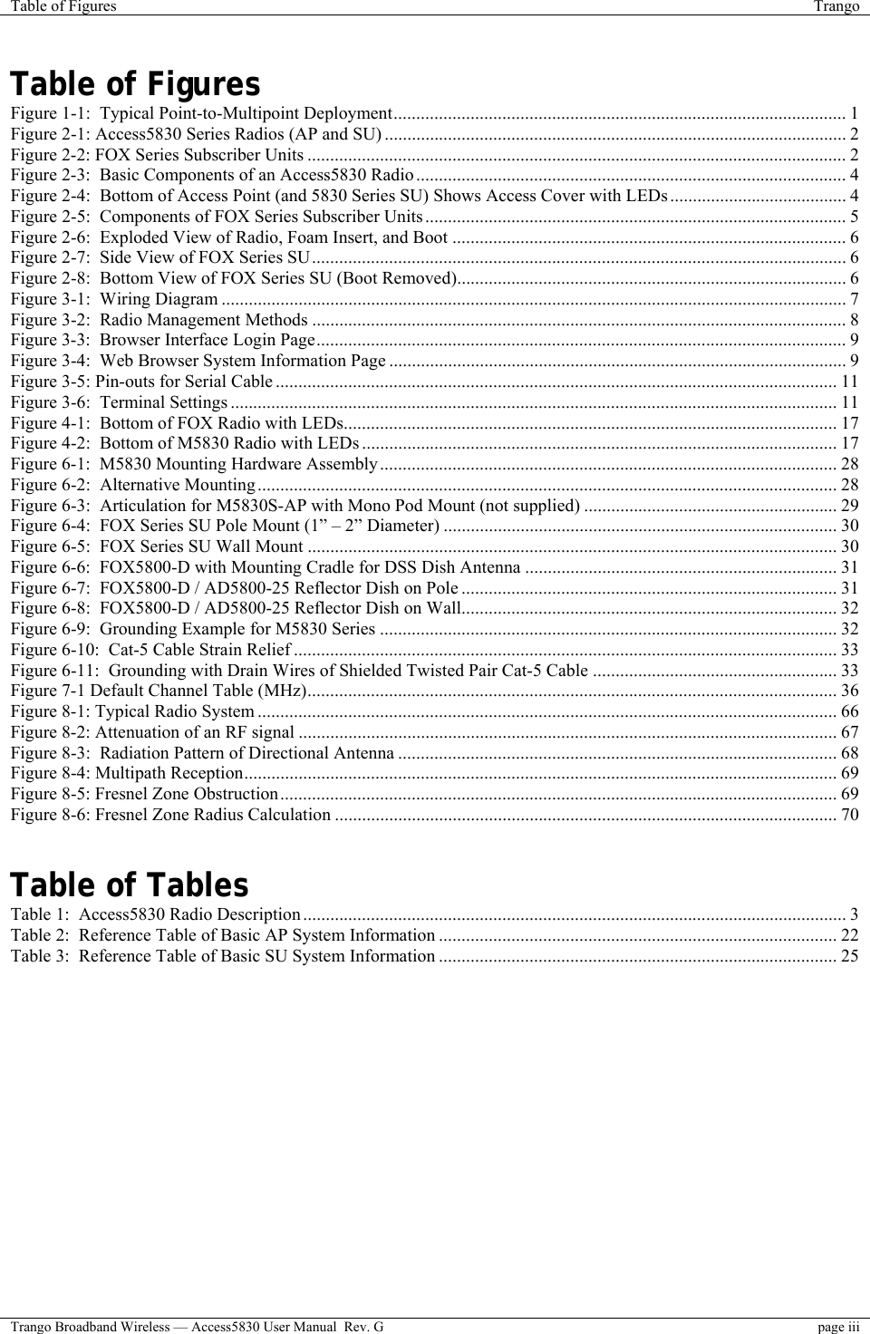 Table of Figures  Trango  Trango Broadband Wireless — Access5830 User Manual  Rev. G  page iii  Table of Figures Figure 1-1:  Typical Point-to-Multipoint Deployment.................................................................................................... 1 Figure 2-1: Access5830 Series Radios (AP and SU) ...................................................................................................... 2 Figure 2-2: FOX Series Subscriber Units ....................................................................................................................... 2 Figure 2-3:  Basic Components of an Access5830 Radio ............................................................................................... 4 Figure 2-4:  Bottom of Access Point (and 5830 Series SU) Shows Access Cover with LEDs ....................................... 4 Figure 2-5:  Components of FOX Series Subscriber Units ............................................................................................. 5 Figure 2-6:  Exploded View of Radio, Foam Insert, and Boot ....................................................................................... 6 Figure 2-7:  Side View of FOX Series SU...................................................................................................................... 6 Figure 2-8:  Bottom View of FOX Series SU (Boot Removed)...................................................................................... 6 Figure 3-1:  Wiring Diagram .......................................................................................................................................... 7 Figure 3-2:  Radio Management Methods ...................................................................................................................... 8 Figure 3-3:  Browser Interface Login Page..................................................................................................................... 9 Figure 3-4:  Web Browser System Information Page ..................................................................................................... 9 Figure 3-5: Pin-outs for Serial Cable ............................................................................................................................ 11 Figure 3-6:  Terminal Settings ...................................................................................................................................... 11 Figure 4-1:  Bottom of FOX Radio with LEDs............................................................................................................. 17 Figure 4-2:  Bottom of M5830 Radio with LEDs ......................................................................................................... 17 Figure 6-1:  M5830 Mounting Hardware Assembly..................................................................................................... 28 Figure 6-2:  Alternative Mounting................................................................................................................................ 28 Figure 6-3:  Articulation for M5830S-AP with Mono Pod Mount (not supplied) ........................................................ 29 Figure 6-4:  FOX Series SU Pole Mount (1” – 2” Diameter) ....................................................................................... 30 Figure 6-5:  FOX Series SU Wall Mount ..................................................................................................................... 30 Figure 6-6:  FOX5800-D with Mounting Cradle for DSS Dish Antenna ..................................................................... 31 Figure 6-7:  FOX5800-D / AD5800-25 Reflector Dish on Pole ................................................................................... 31 Figure 6-8:  FOX5800-D / AD5800-25 Reflector Dish on Wall................................................................................... 32 Figure 6-9:  Grounding Example for M5830 Series ..................................................................................................... 32 Figure 6-10:  Cat-5 Cable Strain Relief ........................................................................................................................ 33 Figure 6-11:  Grounding with Drain Wires of Shielded Twisted Pair Cat-5 Cable ...................................................... 33 Figure 7-1 Default Channel Table (MHz)..................................................................................................................... 36 Figure 8-1: Typical Radio System ................................................................................................................................ 66 Figure 8-2: Attenuation of an RF signal ....................................................................................................................... 67 Figure 8-3:  Radiation Pattern of Directional Antenna ................................................................................................. 68 Figure 8-4: Multipath Reception................................................................................................................................... 69 Figure 8-5: Fresnel Zone Obstruction........................................................................................................................... 69 Figure 8-6: Fresnel Zone Radius Calculation ............................................................................................................... 70   Table of Tables Table 1:  Access5830 Radio Description........................................................................................................................ 3 Table 2:  Reference Table of Basic AP System Information ........................................................................................ 22 Table 3:  Reference Table of Basic SU System Information ........................................................................................ 25 