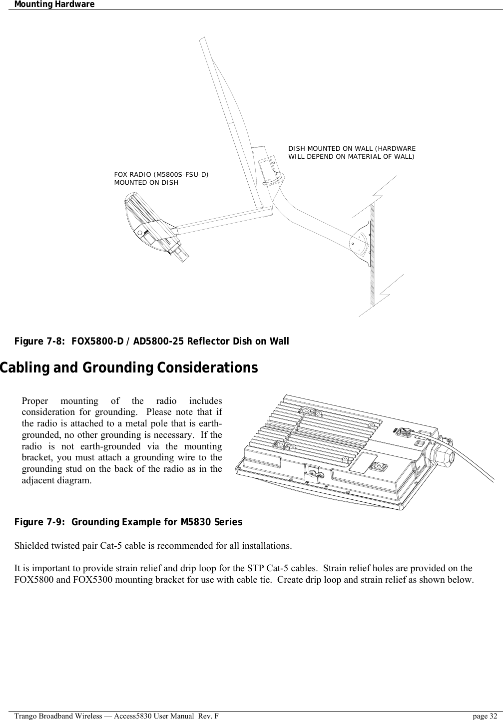 Mounting Hardware    Trango Broadband Wireless — Access5830 User Manual  Rev. F  page 32   DISH MOUNTED ON WALL (HARDWAREFOX RADIO (M5800S-FSU-D)MOUNTED ON DISHWILL DEPEND ON MATERIAL OF WALL)              Figure 7-8:  FOX5800-D / AD5800-25 Reflector Dish on Wall  Cabling and Grounding Considerations   Figure 7-9:  Grounding Example for M5830 Series  Shielded twisted pair Cat-5 cable is recommended for all installations.    It is important to provide strain relief and drip loop for the STP Cat-5 cables.  Strain relief holes are provided on the FOX5800 and FOX5300 mounting bracket for use with cable tie.  Create drip loop and strain relief as shown below.  Proper mounting of the radio includesconsideration for grounding.  Please note that ifthe radio is attached to a metal pole that is earth-grounded, no other grounding is necessary.  If theradio is not earth-grounded via the mountingbracket, you must attach a grounding wire to thegrounding stud on the back of the radio as in theadjacent diagram. 