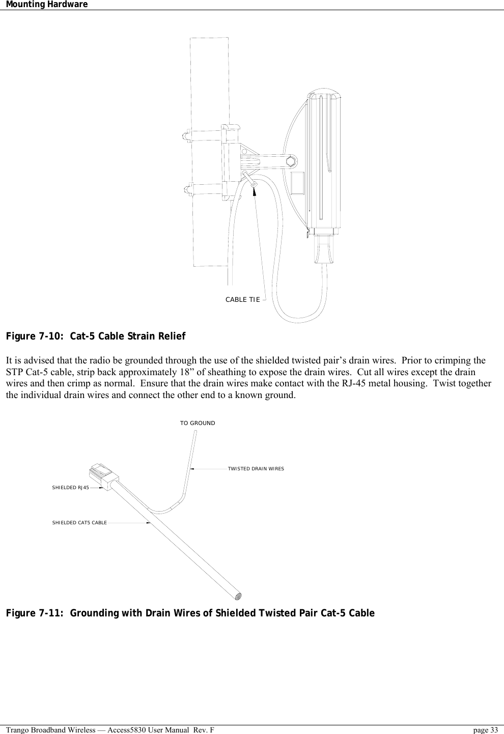 Mounting Hardware    Trango Broadband Wireless — Access5830 User Manual  Rev. F  page 33   CABLE TIE Figure 7-10:  Cat-5 Cable Strain Relief  It is advised that the radio be grounded through the use of the shielded twisted pair’s drain wires.  Prior to crimping the STP Cat-5 cable, strip back approximately 18” of sheathing to expose the drain wires.  Cut all wires except the drain wires and then crimp as normal.  Ensure that the drain wires make contact with the RJ-45 metal housing.  Twist together the individual drain wires and connect the other end to a known ground.  TO GROUNDTWISTED DRAIN WIRESSHIELDED RJ45SHIELDED CAT5 CABLE Figure 7-11:  Grounding with Drain Wires of Shielded Twisted Pair Cat-5 Cable 