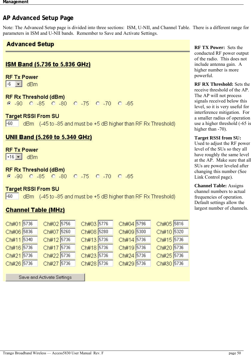 Management    Trango Broadband Wireless — Access5830 User Manual  Rev. F  page 50  AP Advanced Setup Page Note: The Advanced Setup page is divided into three sections:  ISM, U-NII, and Channel Table.  There is a different range for parameters in ISM and U-NII bands.  Remember to Save and Activate Settings.  RF TX Power:  Sets the conducted RF power output of the radio.  This does not include antenna gain.  A higher number is more powerful.     RF RX Threshold: Sets the receive threshold of the AP. The AP will not process signals received below this level, so it is very useful for interference mitigation.  For a smaller radius of operation use a higher threshold (-65 is higher than -70).  Target RSSI from SU: Used to adjust the RF power level of the SUs so they all have roughly the same level at the AP.  Make sure that all SUs are power leveled after changing this number (See Link Control page).  Channel Table: Assigns channel numbers to actual frequencies of operation. Default settings allow the largest number of channels. 