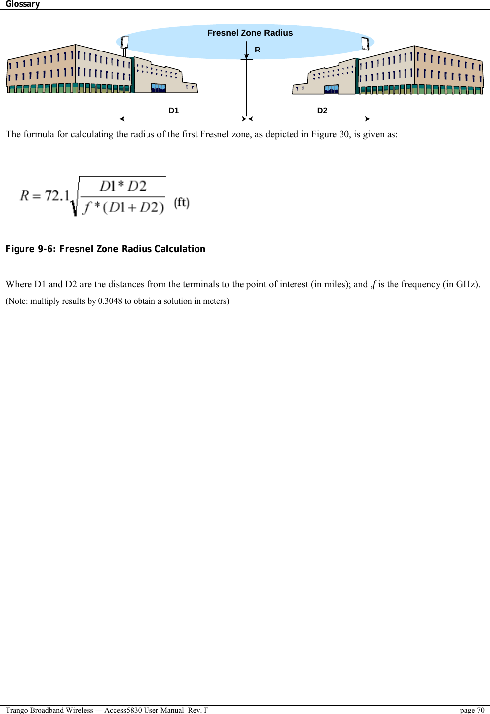 Glossary    Trango Broadband Wireless — Access5830 User Manual  Rev. F  page 70  D1 D2RFresnel Zone Radius The formula for calculating the radius of the first Fresnel zone, as depicted in Figure 30, is given as:   Figure 9-6: Fresnel Zone Radius Calculation  Where D1 and D2 are the distances from the terminals to the point of interest (in miles); and ,f is the frequency (in GHz). (Note: multiply results by 0.3048 to obtain a solution in meters)  