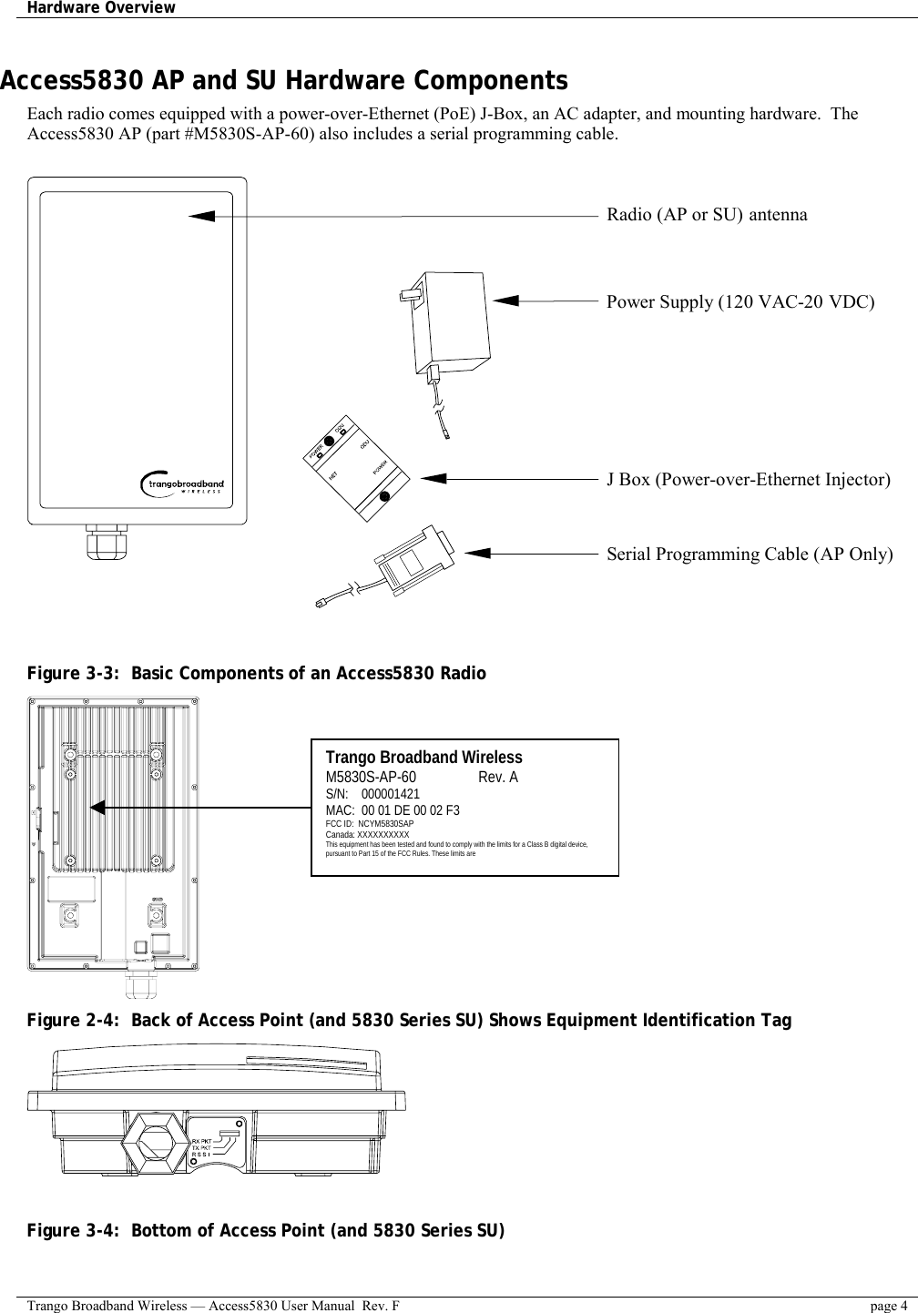 Hardware Overview    Trango Broadband Wireless — Access5830 User Manual  Rev. F  page 4  Access5830 AP and SU Hardware Components Each radio comes equipped with a power-over-Ethernet (PoE) J-Box, an AC adapter, and mounting hardware.  The Access5830 AP (part #M5830S-AP-60) also includes a serial programming cable.     Radio (AP or SU) antennaPower Supply (120 VAC-20 VDC)J Box (Power-over-Ethernet Injector)Serial Programming Cable (AP Only)    Figure 3-3:  Basic Components of an Access5830 Radio  Figure 2-4:  Back of Access Point (and 5830 Series SU) Shows Equipment Identification Tag    Figure 3-4:  Bottom of Access Point (and 5830 Series SU)   Trango Broadband Wireless M5830S-AP-60                 Rev. A S/N:    000001421 MAC:  00 01 DE 00 02 F3 FCC ID:  NCYM5830SAP Canada: XXXXXXXXXX This equipment has been tested and found to comply with the limits for a Class B digital device, pursuant to Part 15 of the FCC Rules. These limits are 