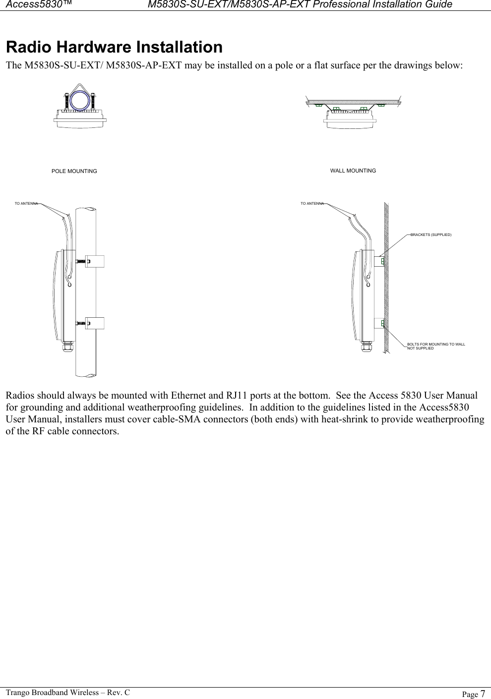  Access5830™ M5830S-SU-EXT/M5830S-AP-EXT Professional Installation Guide  Trango Broadband Wireless – Rev. C  Page 7  Radio Hardware Installation The M5830S-SU-EXT/ M5830S-AP-EXT may be installed on a pole or a flat surface per the drawings below:  TO ANTENNA TO ANTENNABOLTS FOR MOUNTING TO WALLNOT SUPPLIEDBRACKETS (SUPPLIED)POLE MOUNTING WALL MOUNTING  Radios should always be mounted with Ethernet and RJ11 ports at the bottom.  See the Access 5830 User Manual for grounding and additional weatherproofing guidelines.  In addition to the guidelines listed in the Access5830 User Manual, installers must cover cable-SMA connectors (both ends) with heat-shrink to provide weatherproofing of the RF cable connectors.  