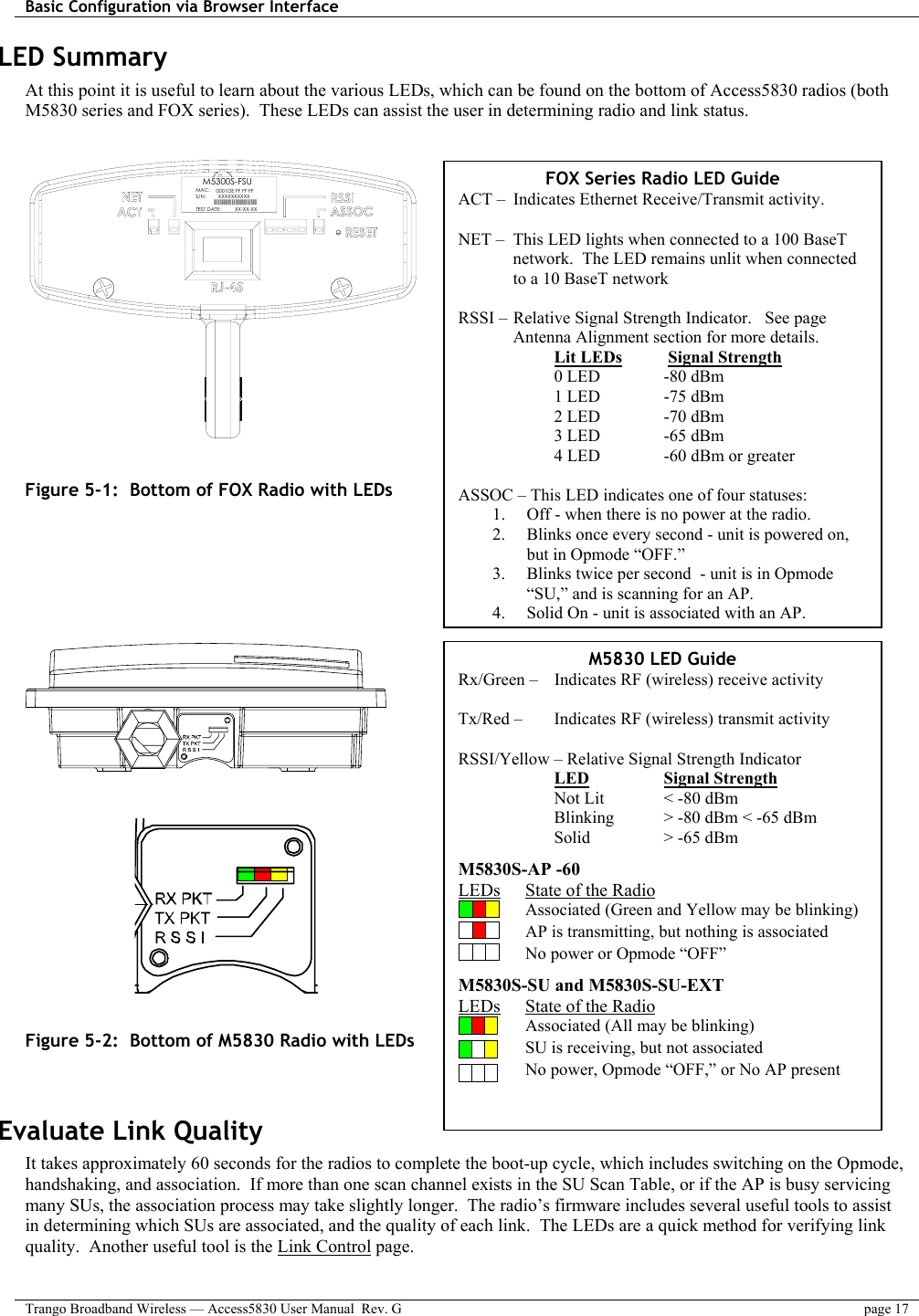 Basic Configuration via Browser Interface    Trango Broadband Wireless — Access5830 User Manual  Rev. G  page 17  M5830 LED Guide Rx/Green –   Indicates RF (wireless) receive activity  Tx/Red –   Indicates RF (wireless) transmit activity  RSSI/Yellow – Relative Signal Strength Indicator   LED      Signal Strength Not Lit    &lt; -80 dBm Blinking    &gt; -80 dBm &lt; -65 dBm Solid    &gt; -65 dBm M5830S-AP -60 LEDs  State of the Radio Associated (Green and Yellow may be blinking) AP is transmitting, but nothing is associated  No power or Opmode “OFF” M5830S-SU and M5830S-SU-EXT LEDs  State of the Radio Associated (All may be blinking) SU is receiving, but not associated  No power, Opmode “OFF,” or No AP present  LED Summary At this point it is useful to learn about the various LEDs, which can be found on the bottom of Access5830 radios (both M5830 series and FOX series).  These LEDs can assist the user in determining radio and link status.  XX-XX-XX|||||||||||||||||||||||||||||||||0001DE FF FF FFMAC: TEST DATE:S/N: XXXXXXXXXX|||||||||||M5300S-FSU  Figure 5-1:  Bottom of FOX Radio with LEDs                                     Figure 5-2:  Bottom of M5830 Radio with LEDs   Evaluate Link Quality It takes approximately 60 seconds for the radios to complete the boot-up cycle, which includes switching on the Opmode, handshaking, and association.  If more than one scan channel exists in the SU Scan Table, or if the AP is busy servicing many SUs, the association process may take slightly longer.  The radio’s firmware includes several useful tools to assist in determining which SUs are associated, and the quality of each link.  The LEDs are a quick method for verifying link quality.  Another useful tool is the Link Control page.  FOX Series Radio LED Guide ACT –  Indicates Ethernet Receive/Transmit activity.   NET –  This LED lights when connected to a 100 BaseT network.  The LED remains unlit when connected to a 10 BaseT network  RSSI –  Relative Signal Strength Indicator.   See page Antenna Alignment section for more details. Lit LEDs    Signal Strength 0 LED    -80 dBm 1 LED    -75 dBm 2 LED    -70 dBm 3 LED    -65 dBm 4 LED    -60 dBm or greater  ASSOC – This LED indicates one of four statuses: 1.  Off - when there is no power at the radio. 2.  Blinks once every second - unit is powered on, but in Opmode “OFF.” 3.  Blinks twice per second  - unit is in Opmode “SU,” and is scanning for an AP. 4. Solid On - unit is associated with an AP.