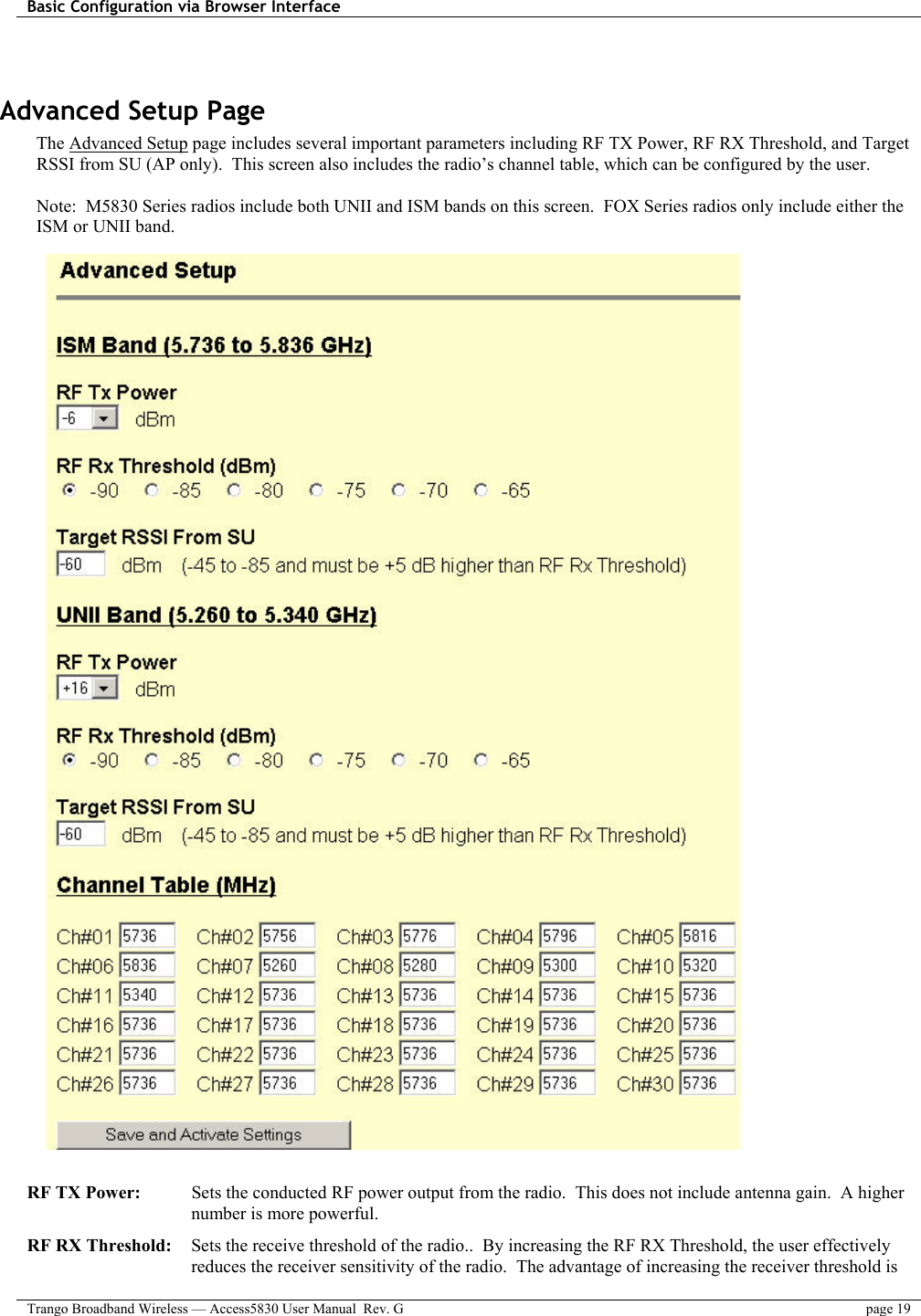 Basic Configuration via Browser Interface    Trango Broadband Wireless — Access5830 User Manual  Rev. G  page 19   Advanced Setup Page The Advanced Setup page includes several important parameters including RF TX Power, RF RX Threshold, and Target RSSI from SU (AP only).  This screen also includes the radio’s channel table, which can be configured by the user.  Note:  M5830 Series radios include both UNII and ISM bands on this screen.  FOX Series radios only include either the ISM or UNII band.                        RF TX Power:     Sets the conducted RF power output from the radio.  This does not include antenna gain.  A higher number is more powerful.     RF RX Threshold:   Sets the receive threshold of the radio..  By increasing the RF RX Threshold, the user effectively reduces the receiver sensitivity of the radio.  The advantage of increasing the receiver threshold is 