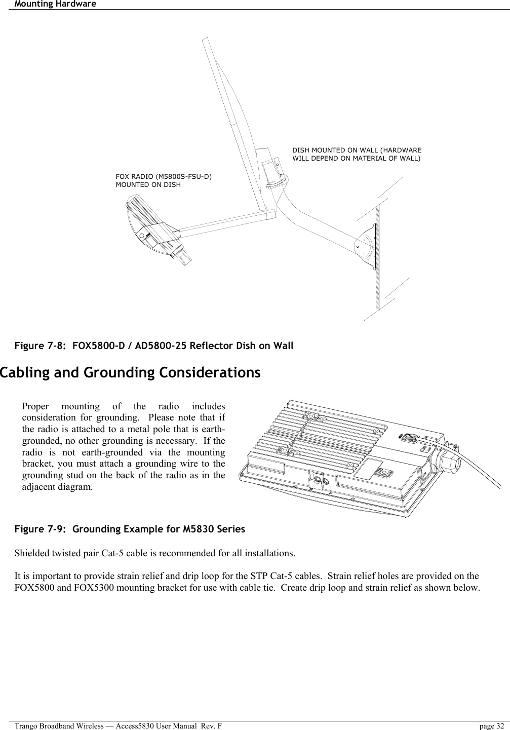 Mounting Hardware    Trango Broadband Wireless — Access5830 User Manual  Rev. F  page 32   DISH MOUNTED ON WALL (HARDWAREFOX RADIO (M5800S-FSU-D)MOUNTED ON DISHWILL DEPEND ON MATERIAL OF WALL)              Figure 7-8:  FOX5800-D / AD5800-25 Reflector Dish on Wall  Cabling and Grounding Considerations   Figure 7-9:  Grounding Example for M5830 Series  Shielded twisted pair Cat-5 cable is recommended for all installations.    It is important to provide strain relief and drip loop for the STP Cat-5 cables.  Strain relief holes are provided on the FOX5800 and FOX5300 mounting bracket for use with cable tie.  Create drip loop and strain relief as shown below.  Proper mounting of the radio includesconsideration for grounding.  Please note that ifthe radio is attached to a metal pole that is earth-grounded, no other grounding is necessary.  If theradio is not earth-grounded via the mountingbracket, you must attach a grounding wire to thegrounding stud on the back of the radio as in theadjacent diagram. 