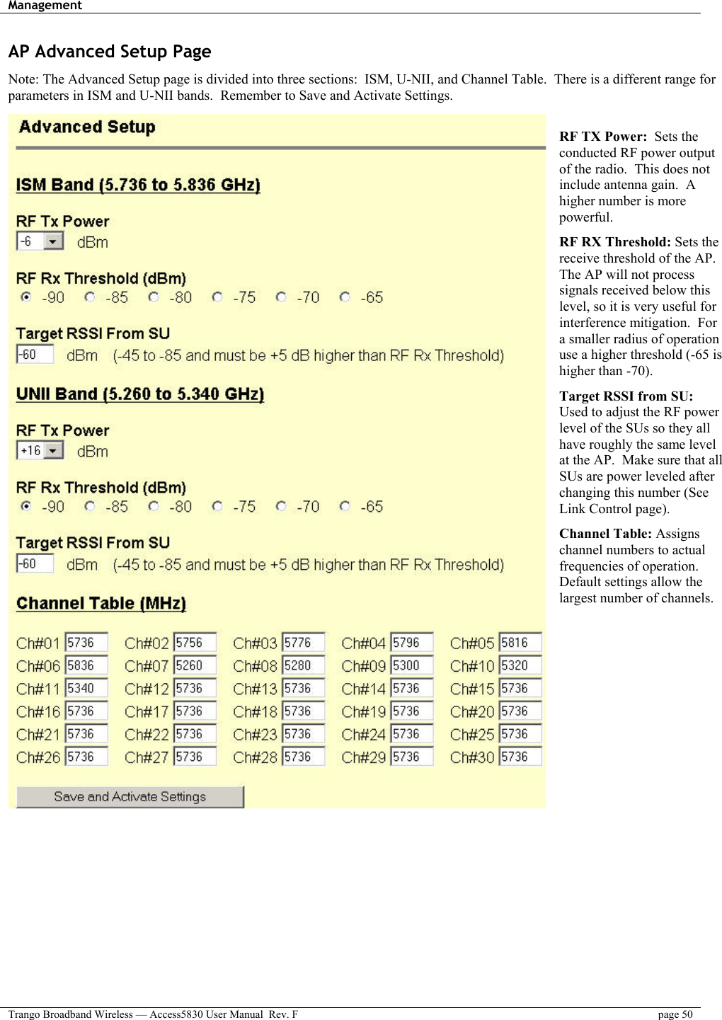 Management    Trango Broadband Wireless — Access5830 User Manual  Rev. F  page 50  AP Advanced Setup Page Note: The Advanced Setup page is divided into three sections:  ISM, U-NII, and Channel Table.  There is a different range for parameters in ISM and U-NII bands.  Remember to Save and Activate Settings.  RF TX Power:  Sets the conducted RF power output of the radio.  This does not include antenna gain.  A higher number is more powerful.     RF RX Threshold: Sets the receive threshold of the AP. The AP will not process signals received below this level, so it is very useful for interference mitigation.  For a smaller radius of operation use a higher threshold (-65 is higher than -70).  Target RSSI from SU: Used to adjust the RF power level of the SUs so they all have roughly the same level at the AP.  Make sure that all SUs are power leveled after changing this number (See Link Control page).  Channel Table: Assigns channel numbers to actual frequencies of operation. Default settings allow the largest number of channels. 